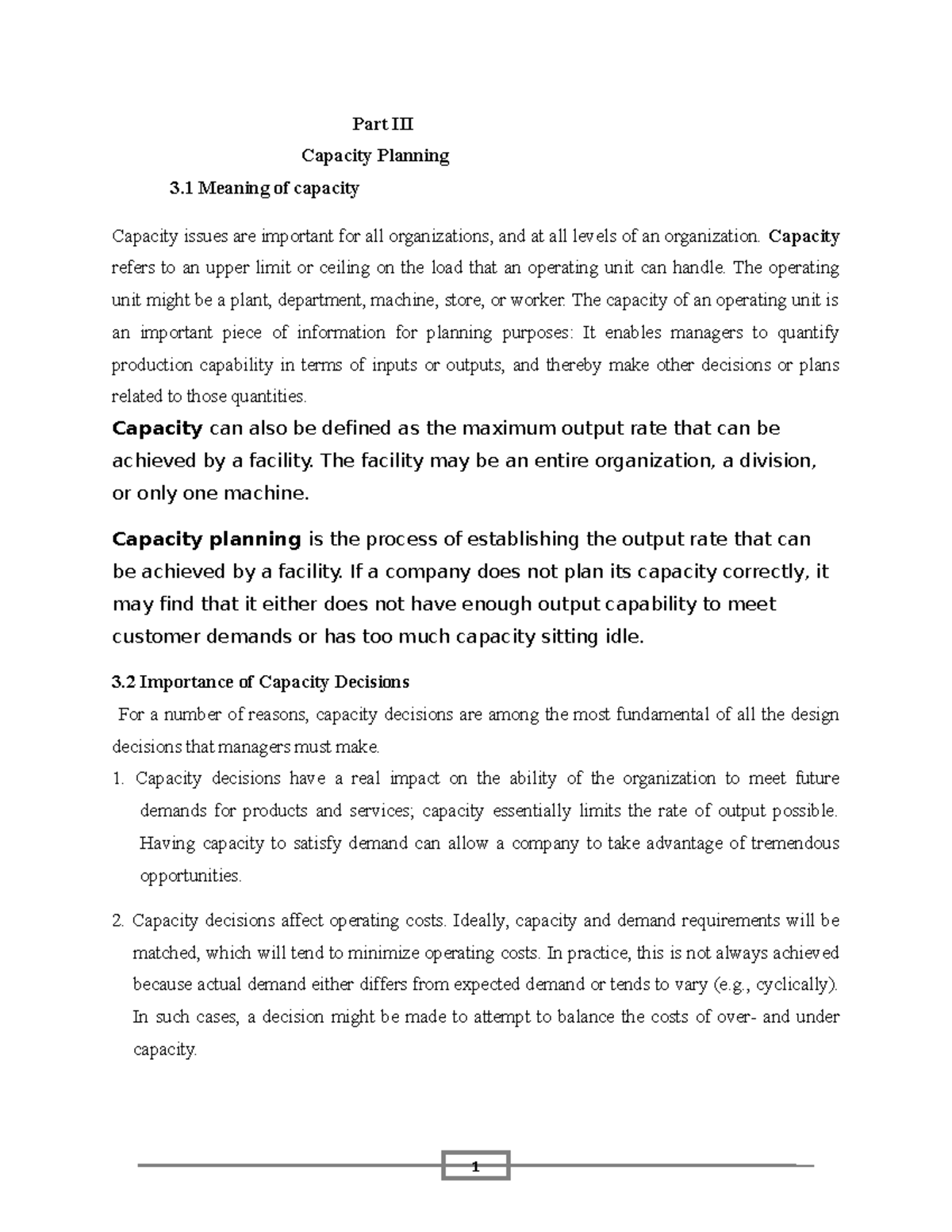 Chapter 3 Part 3 - student - Part III Capacity Planning 3 Meaning of ...