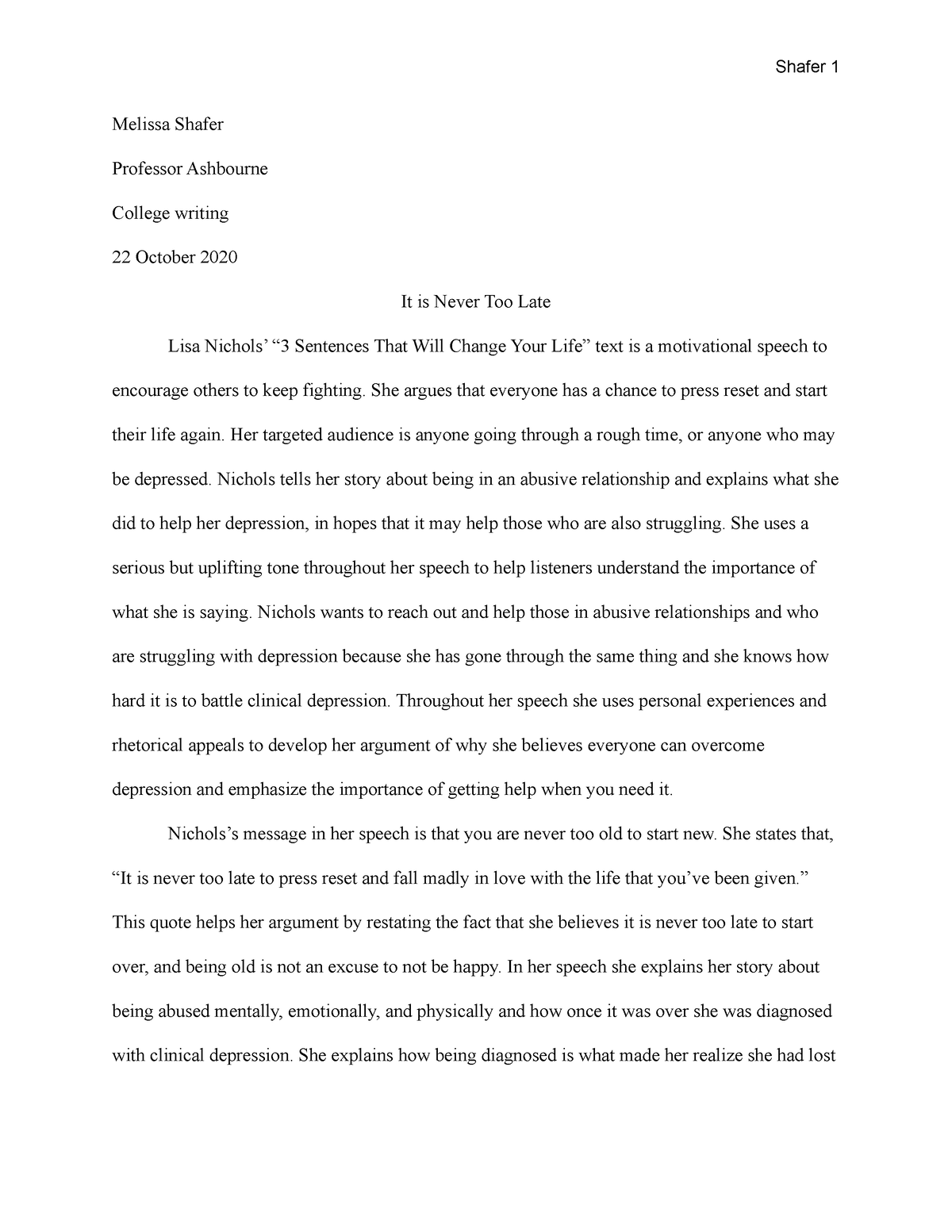 it was never too late essay