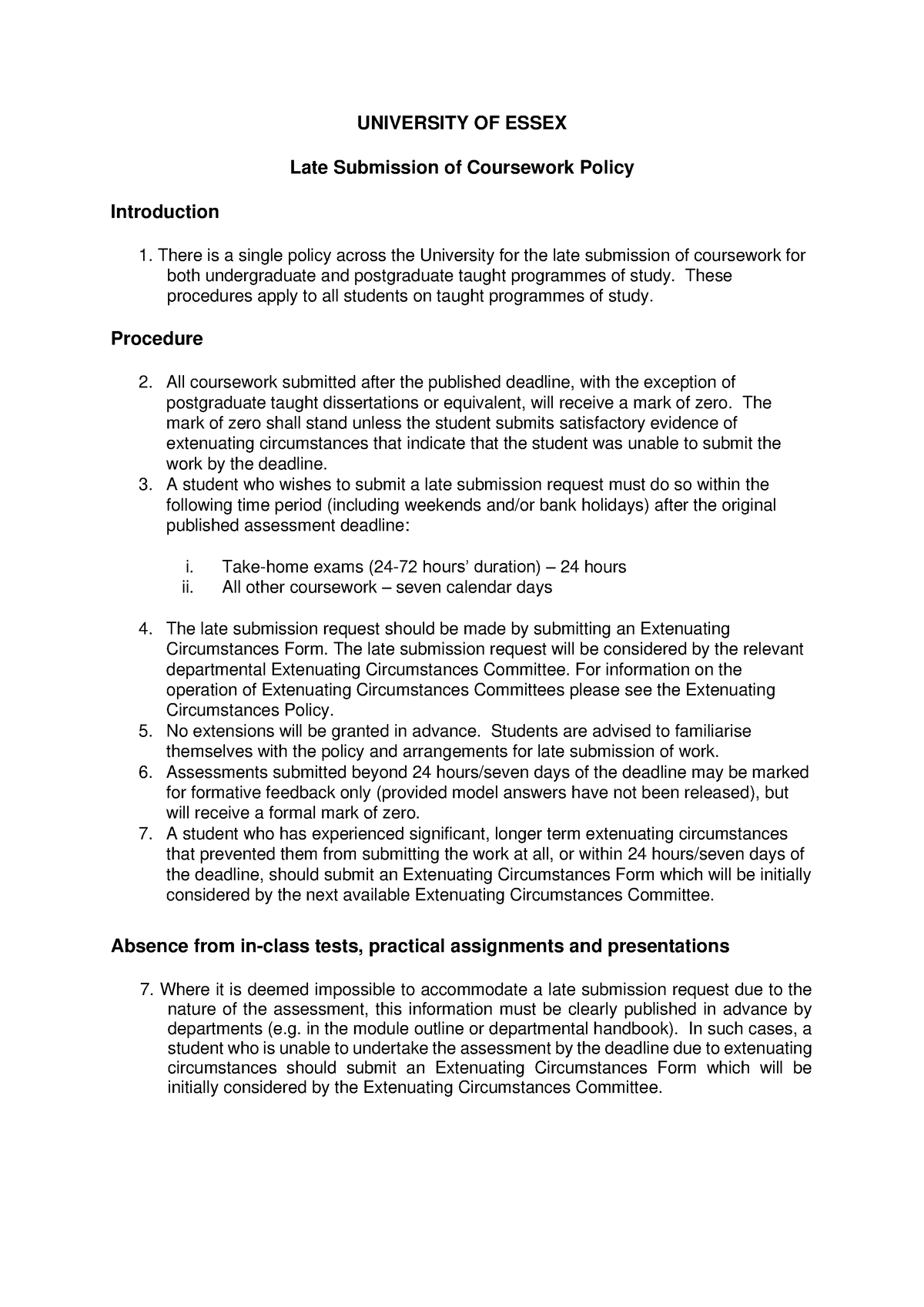 essex university coursework late submission