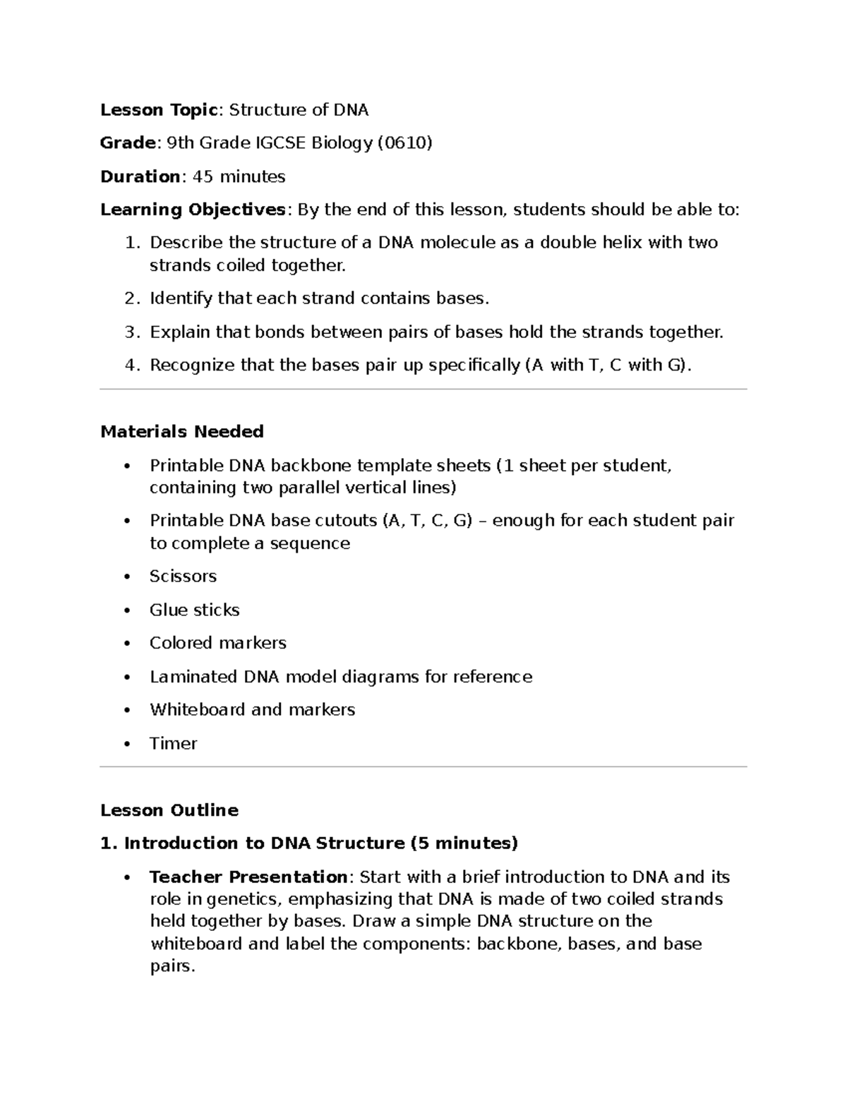 G9 DNA LP - DNA UDL LESSON - Lesson Topic: Structure of DNA Grade: 9th ...