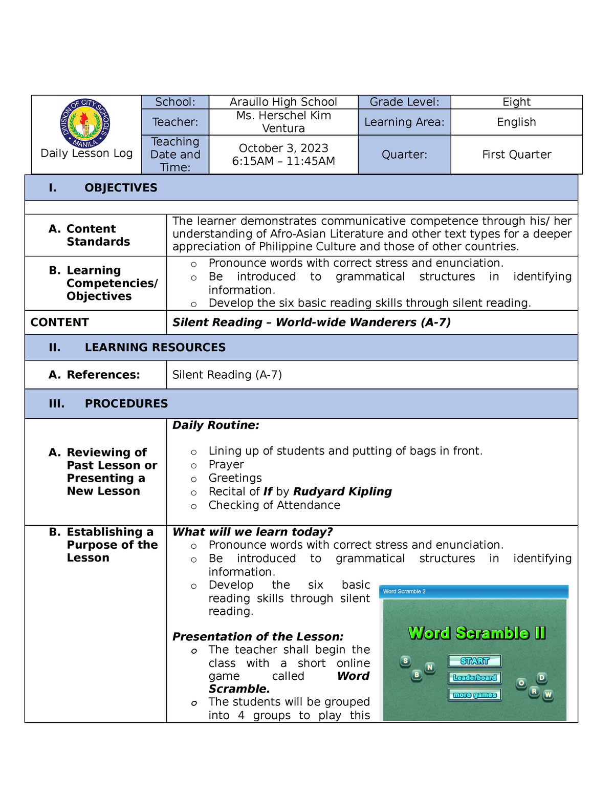 Silent Reading - Lesson Plan - Daily Lesson Log School: Araullo High ...