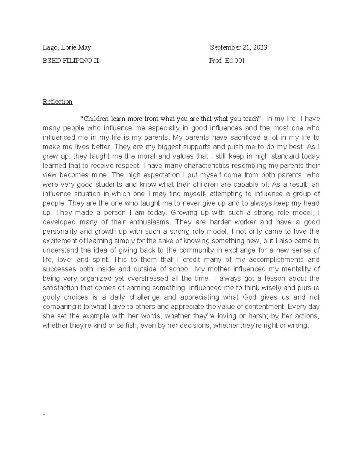 Lago Reflection - Prof Ed - Lago, Lorie May September 21, 2023 BSED ...