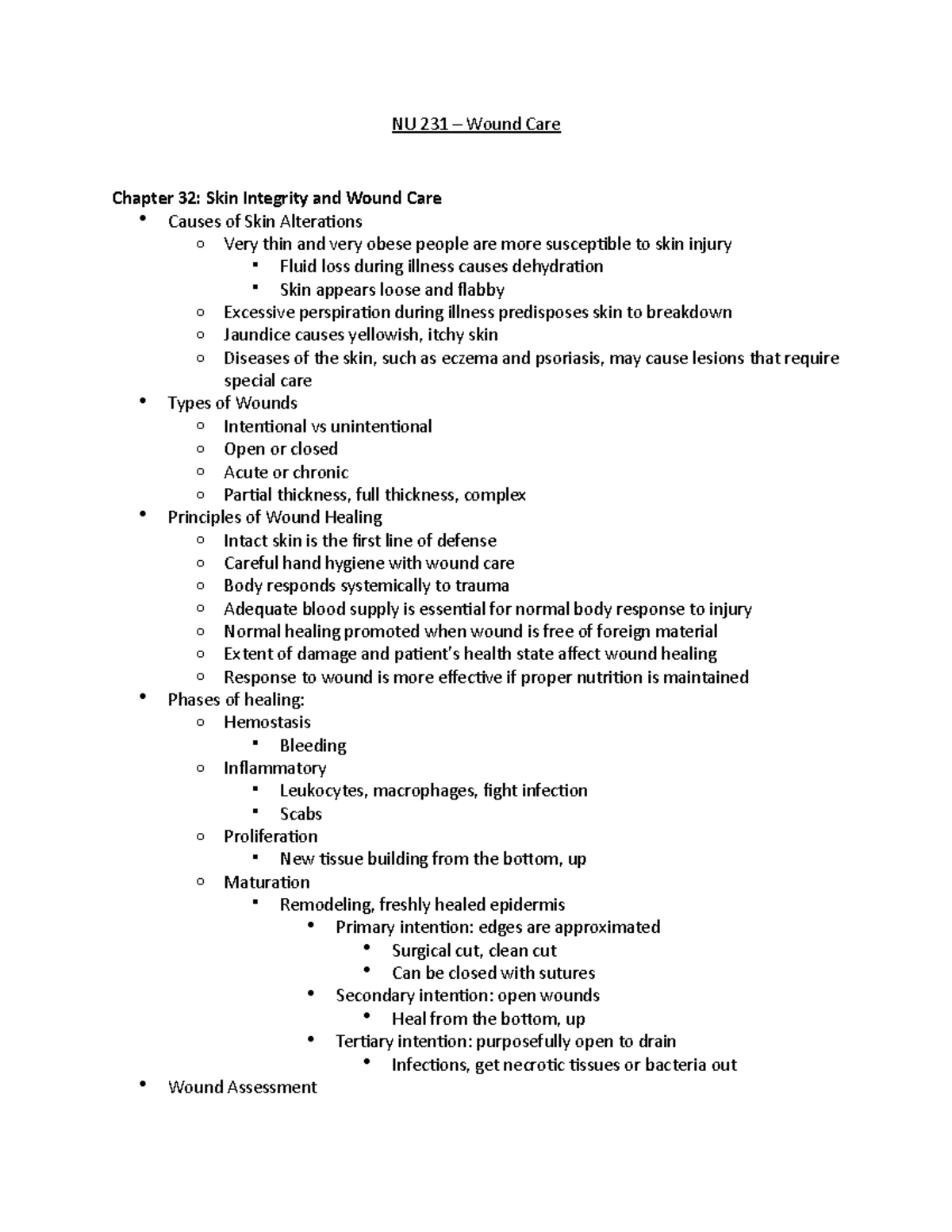 Wound Care lecture notes 231 NU 231 Wound Care Chapter 32 Skin