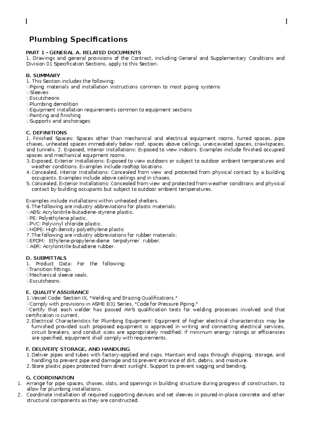 Plumbing Tech Specs Plumbing Specifications Part 1 General A