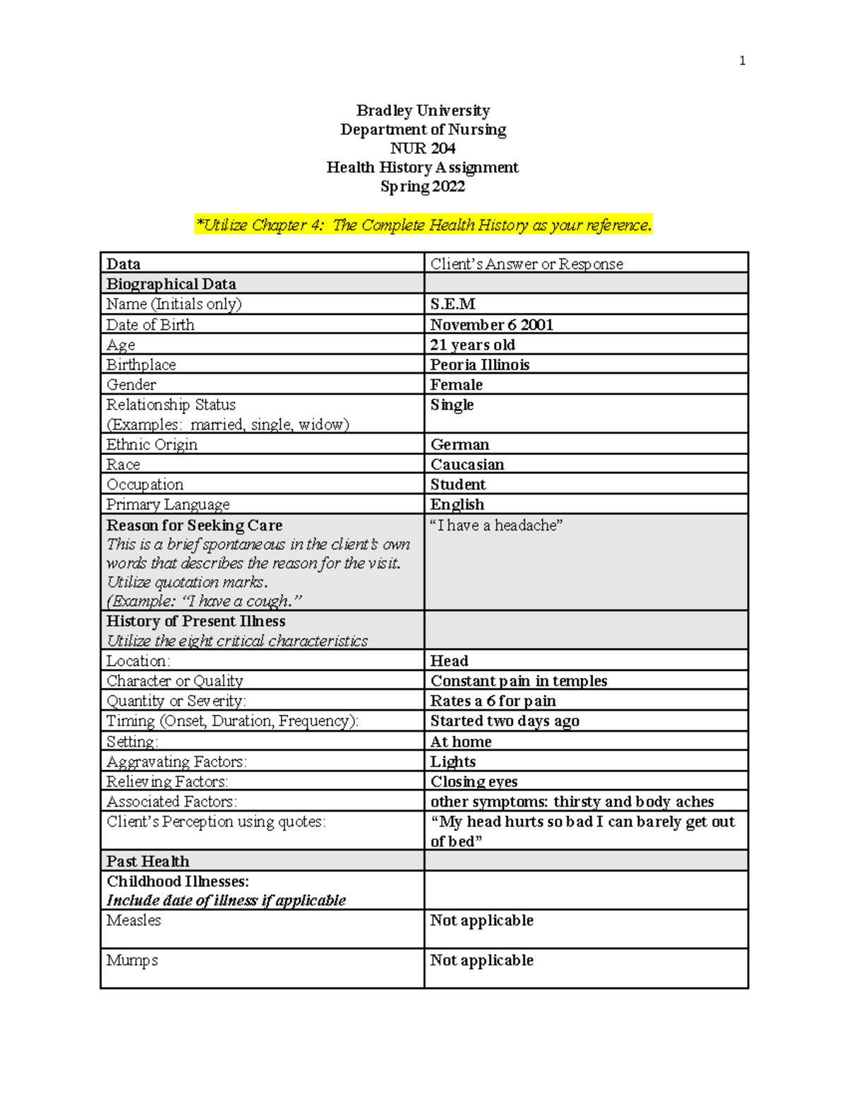 Health History Sp22 - Bradley University Department of Nursing NUR 204 ...