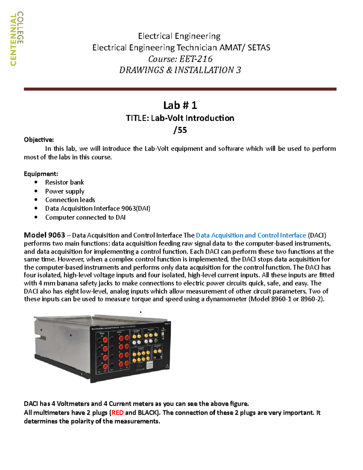 EET216 LAB 1 Lab Volt Measurement ` Electrical Engineering