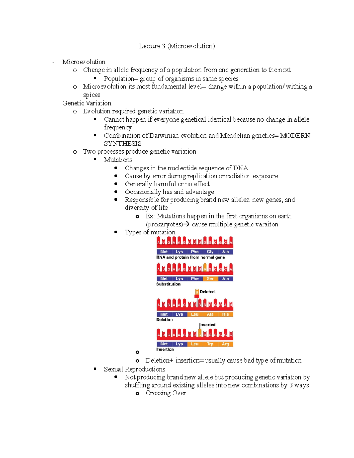 Lecture 3 - Lecture 3 (Microevolution) Microevolution o Change in ...
