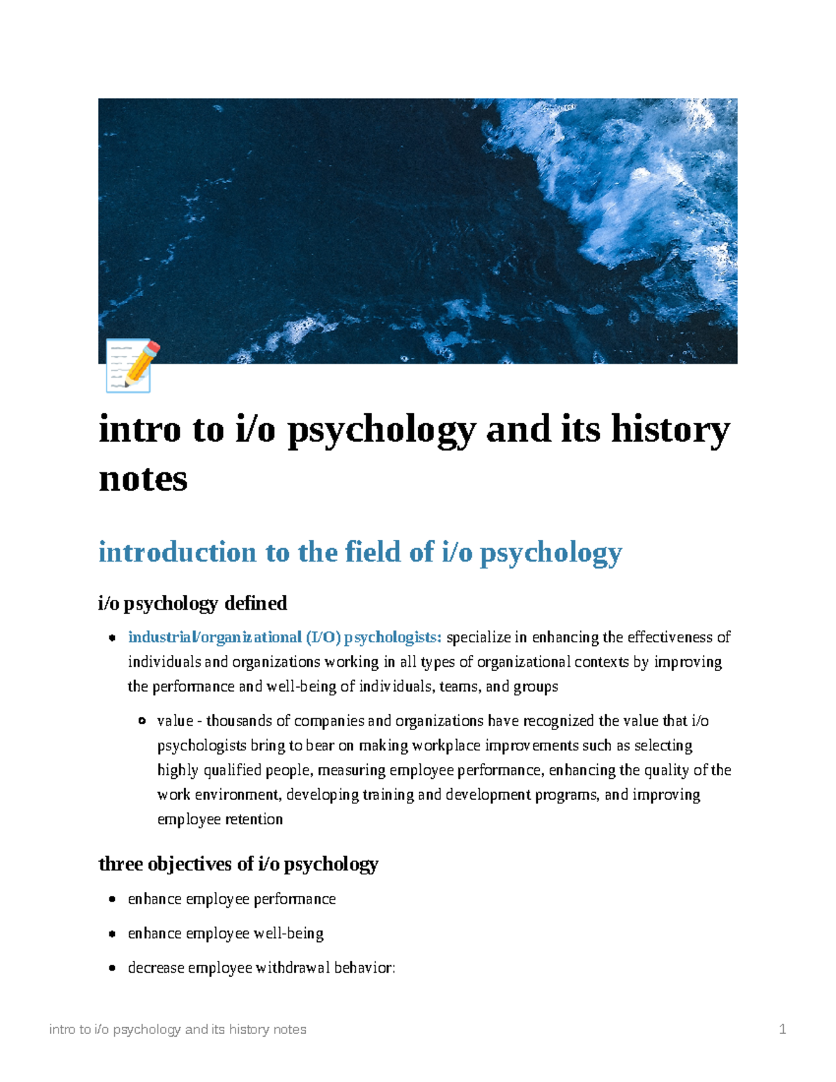Week 1 - Intro to I-O Psych and its History - Ë intro to i/o psychology ...
