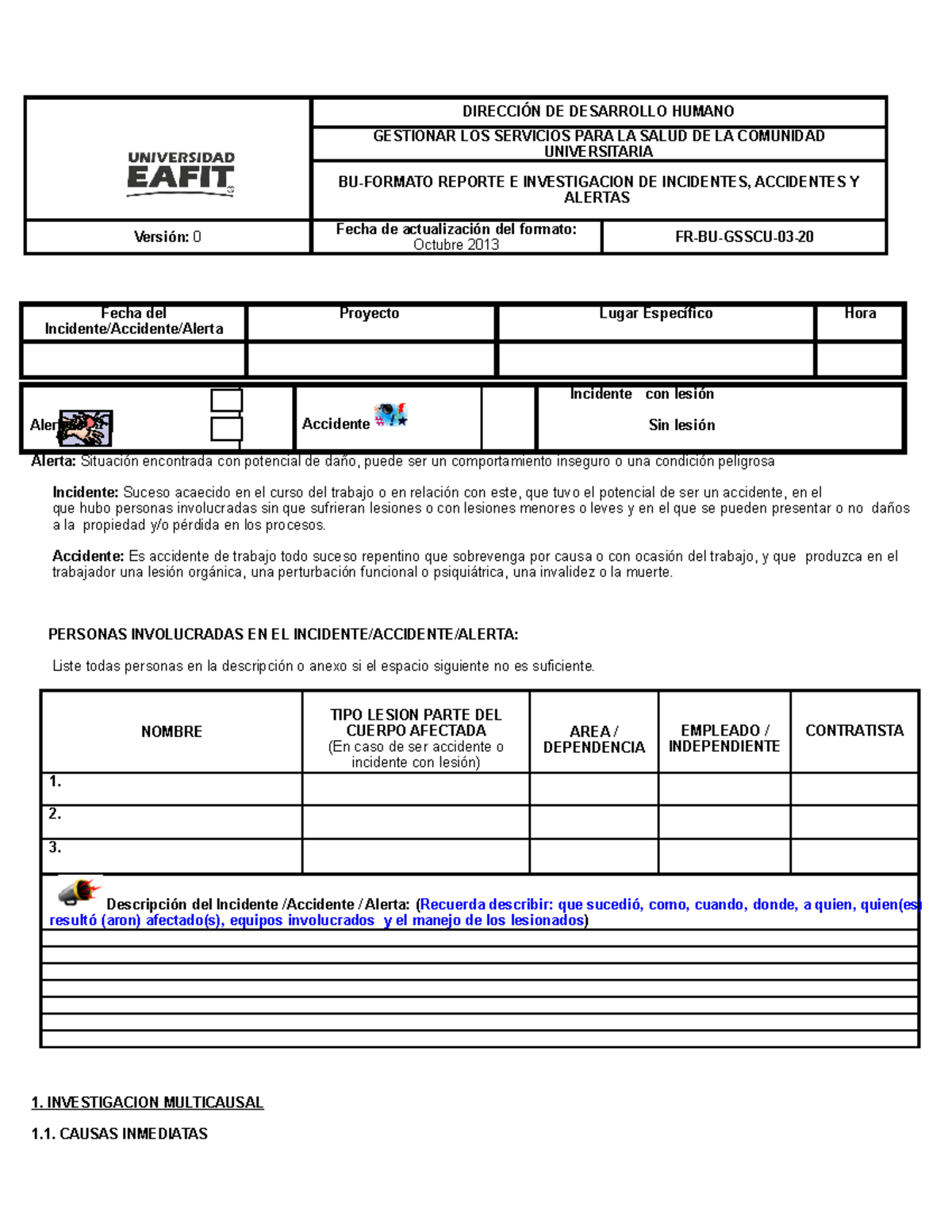 Formato Reporte E Investigación De Incidentes Accidentes Y Alertas Fr