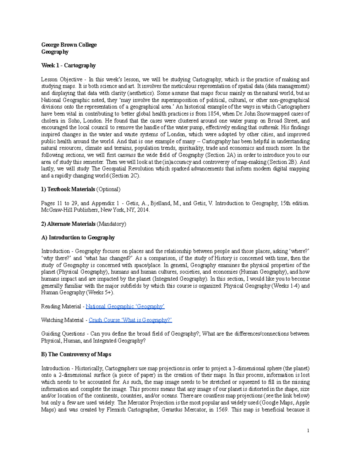 Week 1 Cartography Brown College Geography Week 1 Cartography Lesson Objective In