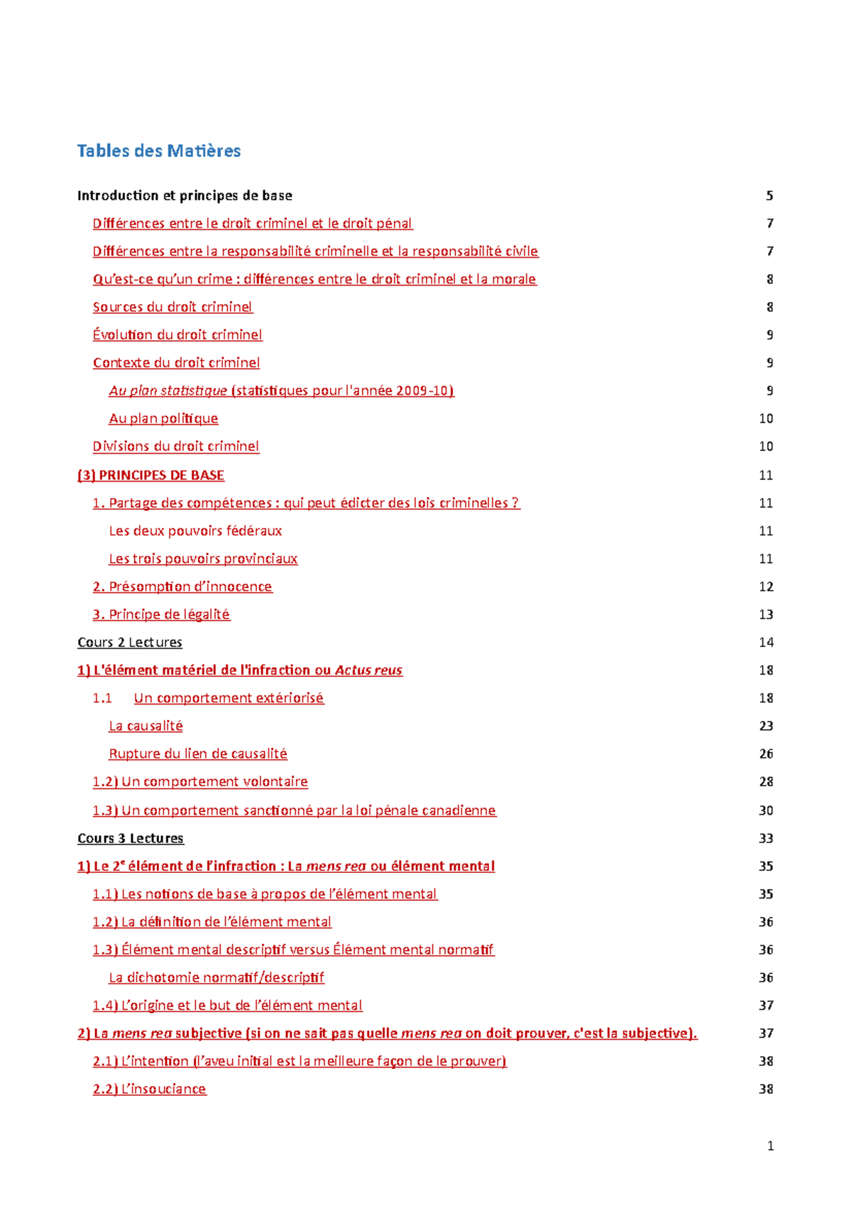 Notes pénal - Tables des Matières Introduction et principes de base 5 ...