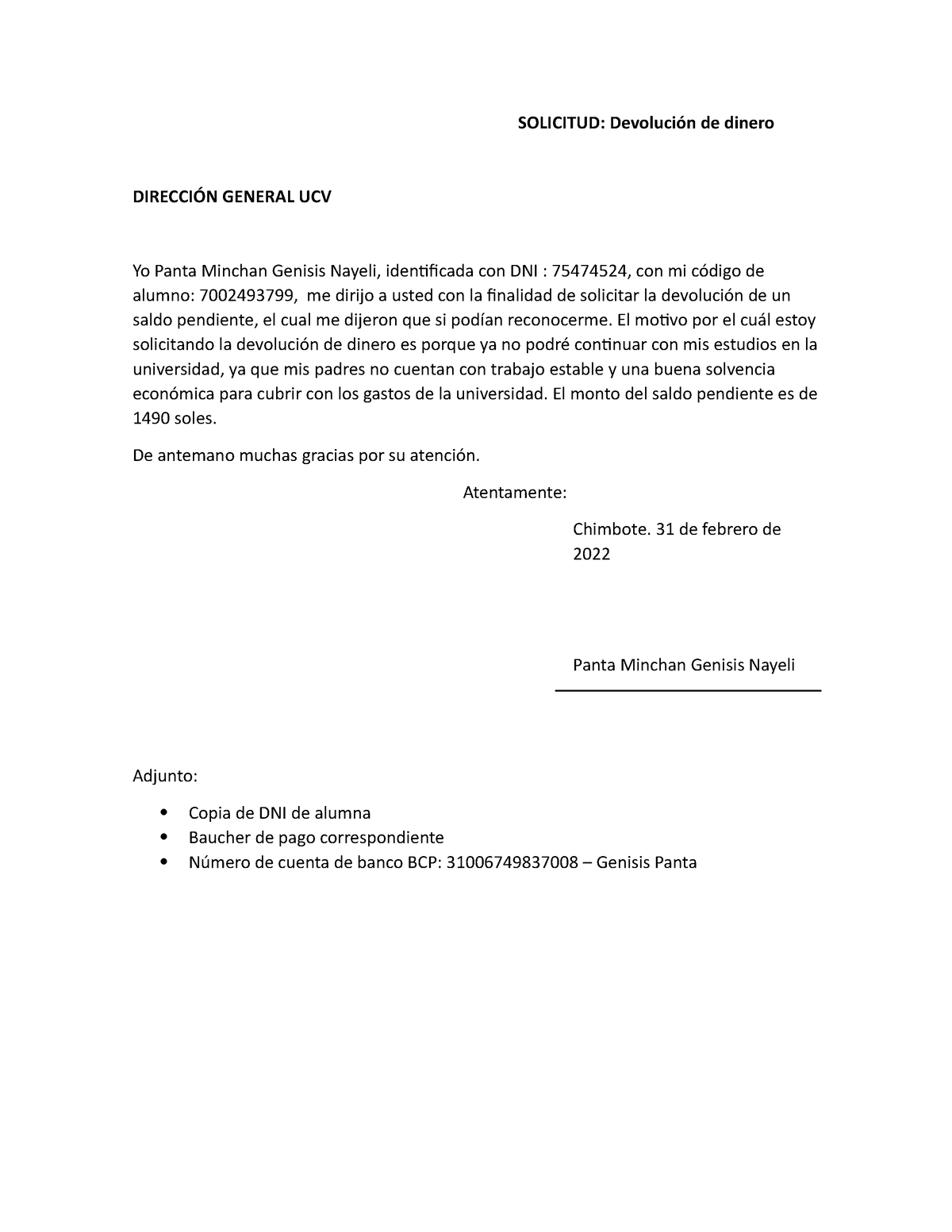 Solicitud20genesis Cvhshd Solicitud Devolución De Dinero DirecciÓn General Ucv Yo Panta 2068