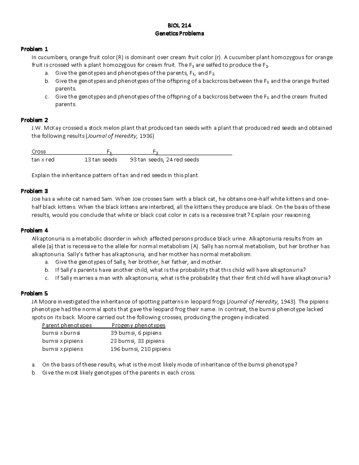 Genetics problems - BIOL 214 Genetics Problems Problem 1 In cucumbers ...