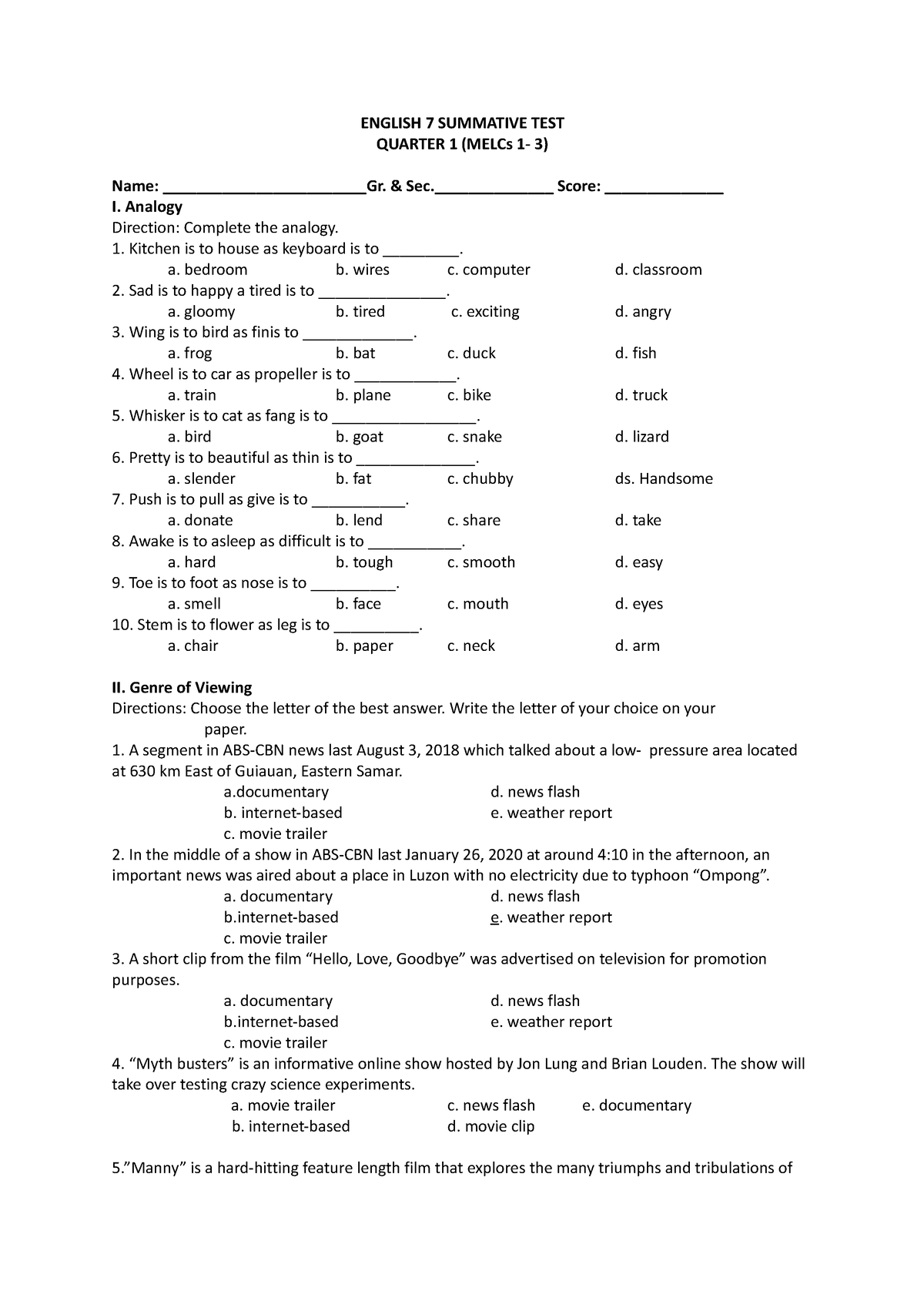 G7 Q4 - Periodical Exam - ENGLISH 7 SUMMATIVE TEST QUARTER 1 (MELCs 1 ...