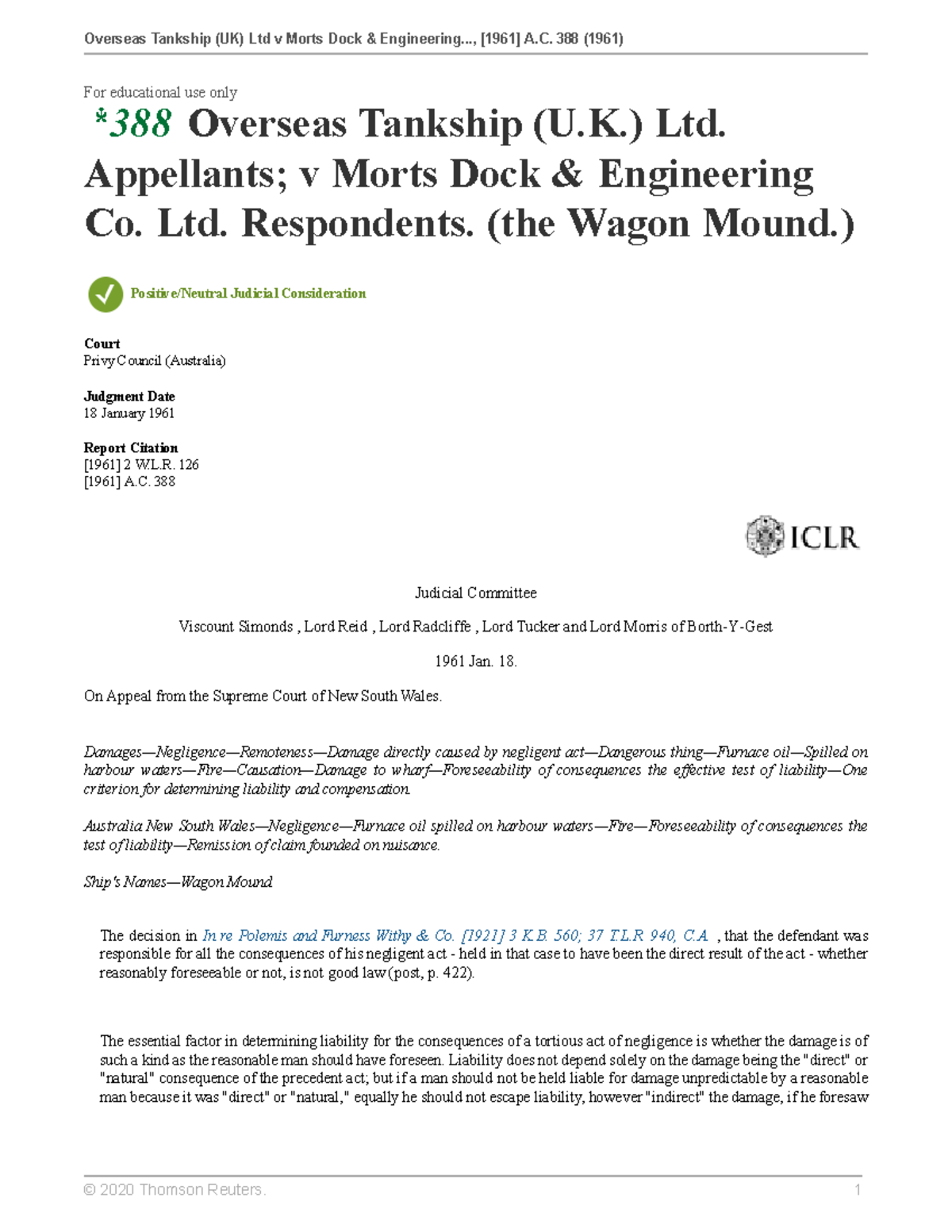 Overseas Tankship (UK) Ltd v Morts Dock And Engineering Co (The Wagon