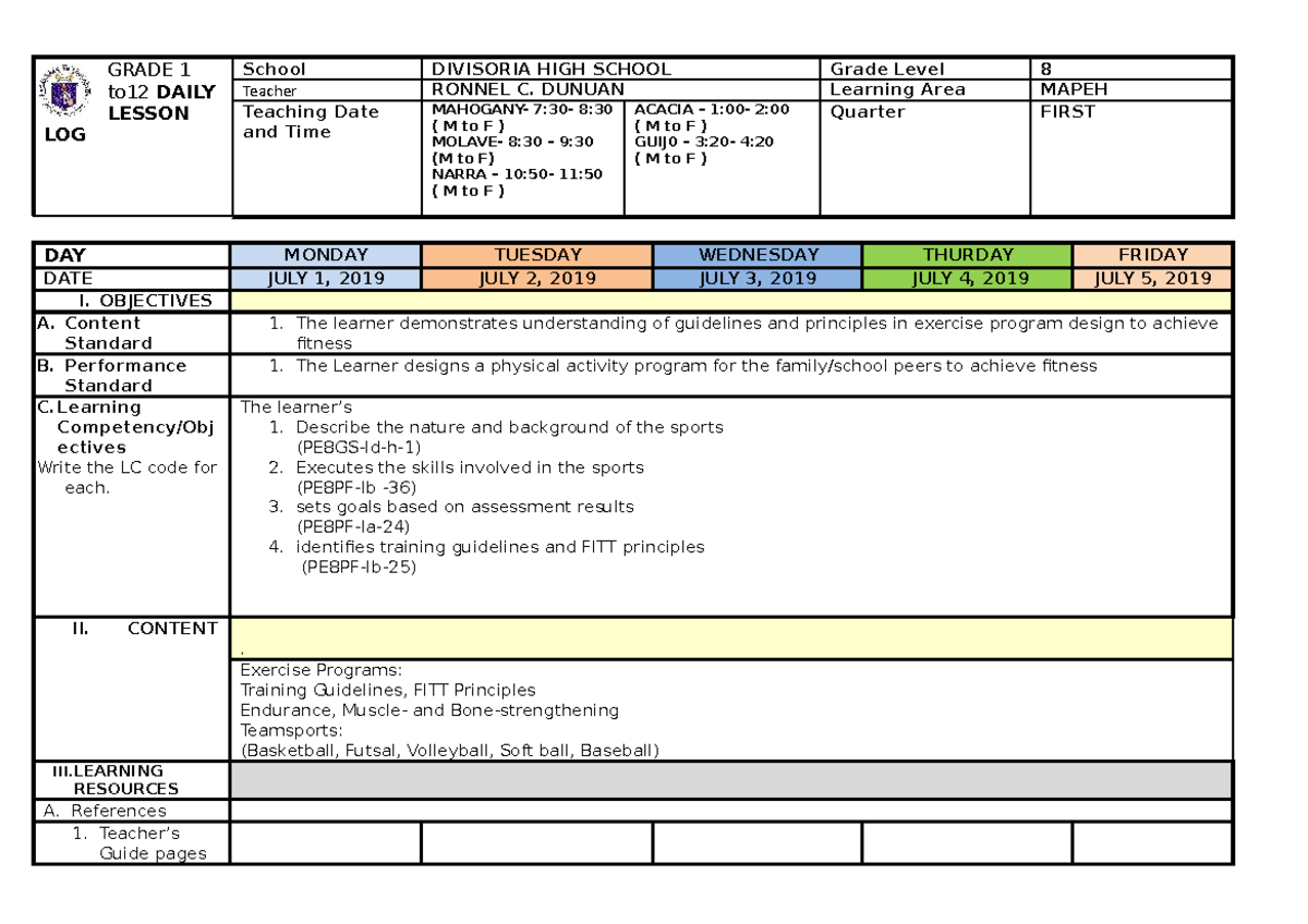 442594204 DLL PE 2 Docx - PE-DLL - GRADE 1 To12 DAILY LESSON LOG School ...