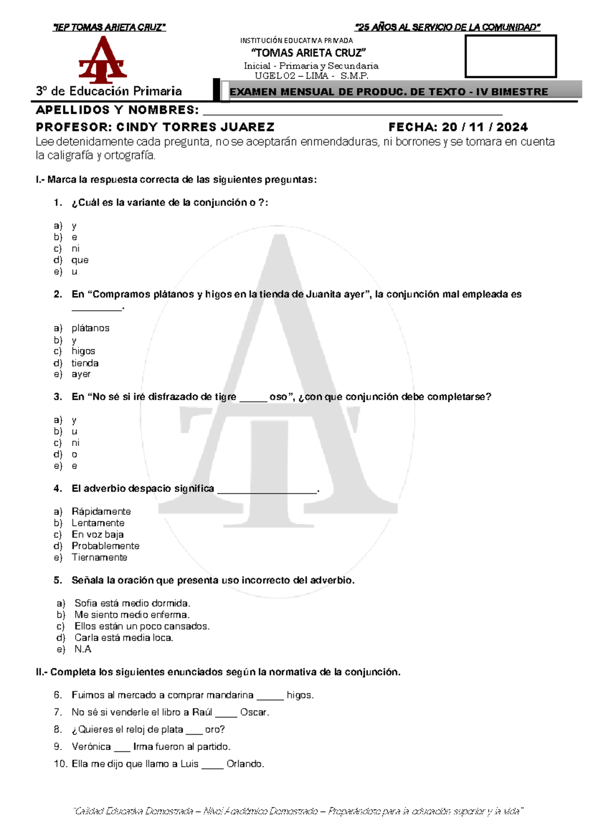 Examen Mensual IV DE Produccion DE Texto 3ERO - “IEP TOMAS ARIETA CRUZ ...