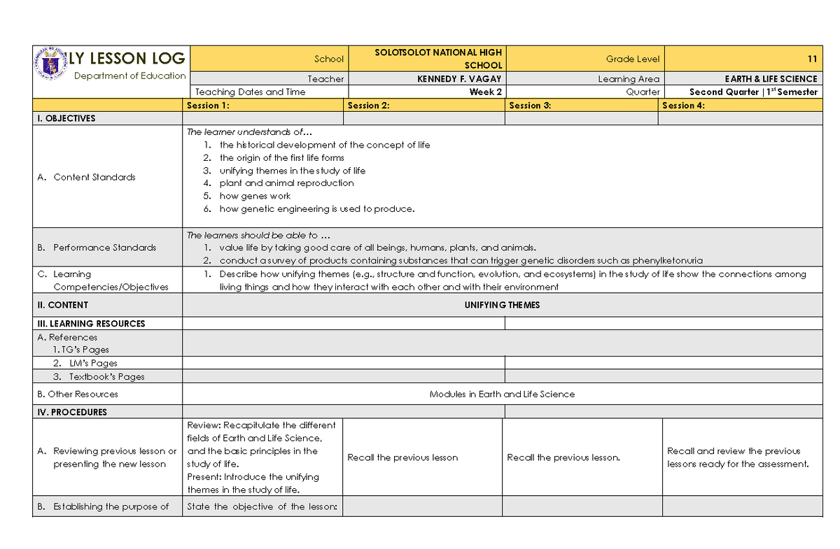 DLL ELS Quarter 2 WEEK 2 - Daily Lesson Log - DAILY LESSON LOG ...