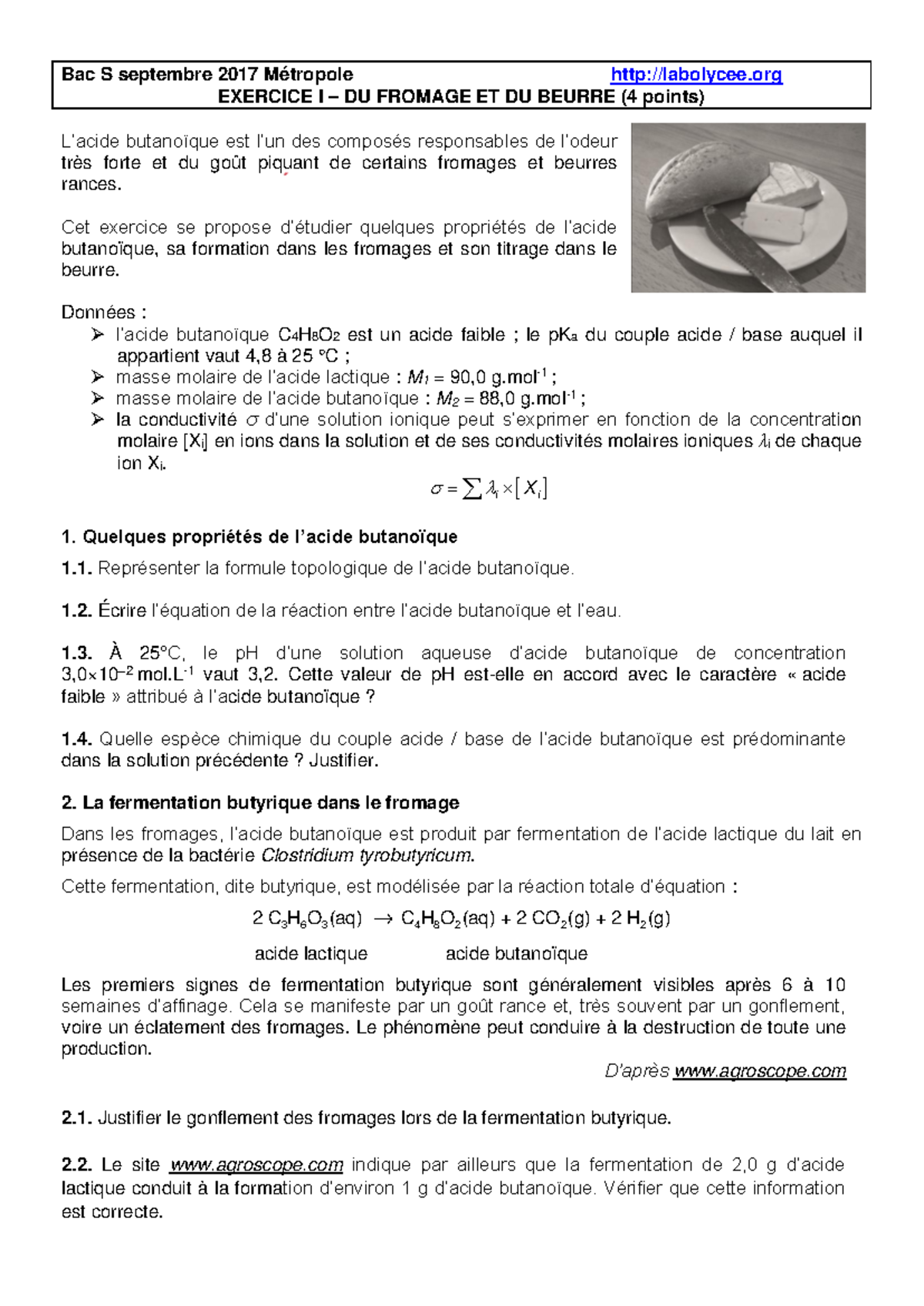 2017 09 Metro Exo1 Sujet Fromage Beurre 4pts - Bac S septembre 2017 ...