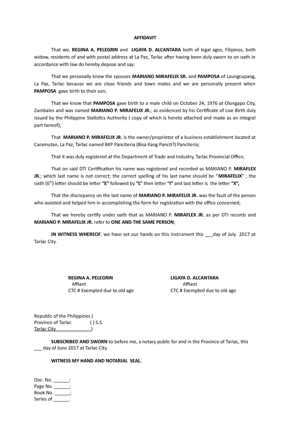 Affidavit SAMPLE - AFFIDAVIT That we, REGINA A. PELEGRIN and LIGAYA D ...