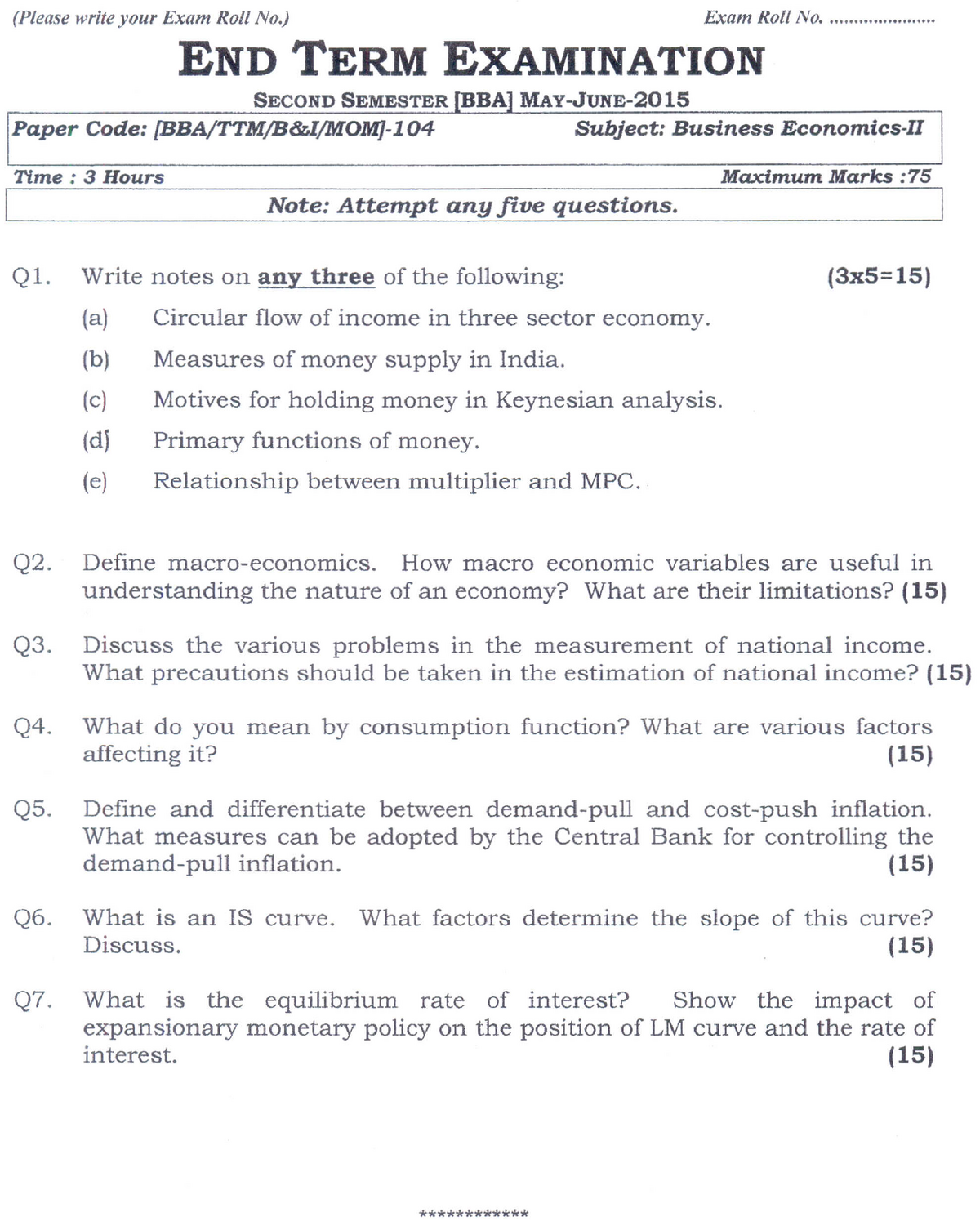 Be2 2ndsem 2015 - Notes On National Income - END TERM EXAMINATION ...