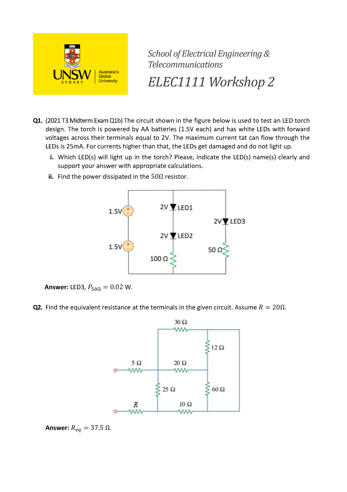 Workshop 2 with numerical solutions - School of Electrical Engineering ...