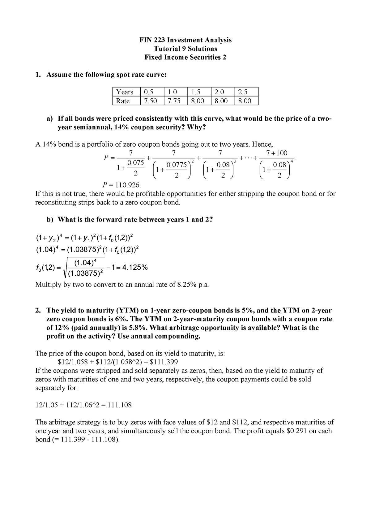 Tutorial 9 Solutions - FIN 223 Investment Analysis Tutorial 9 Solutions ...