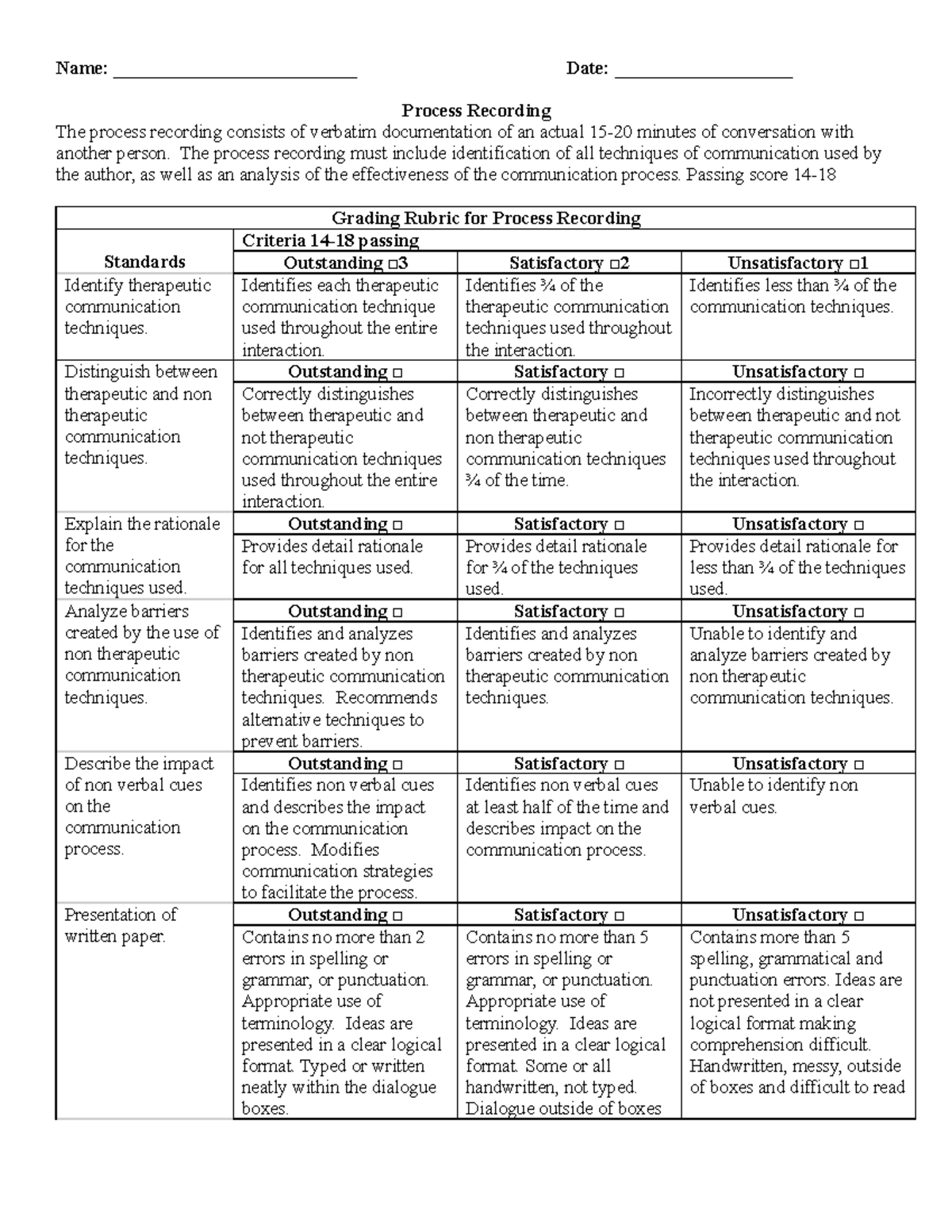 Process recording rubric - Name: __________________________ Date ...