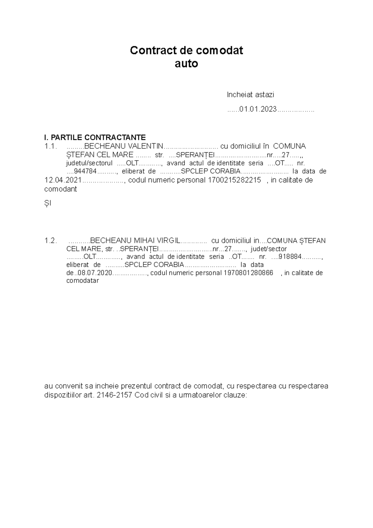 Autovit Contract de comodat auto Incheiat