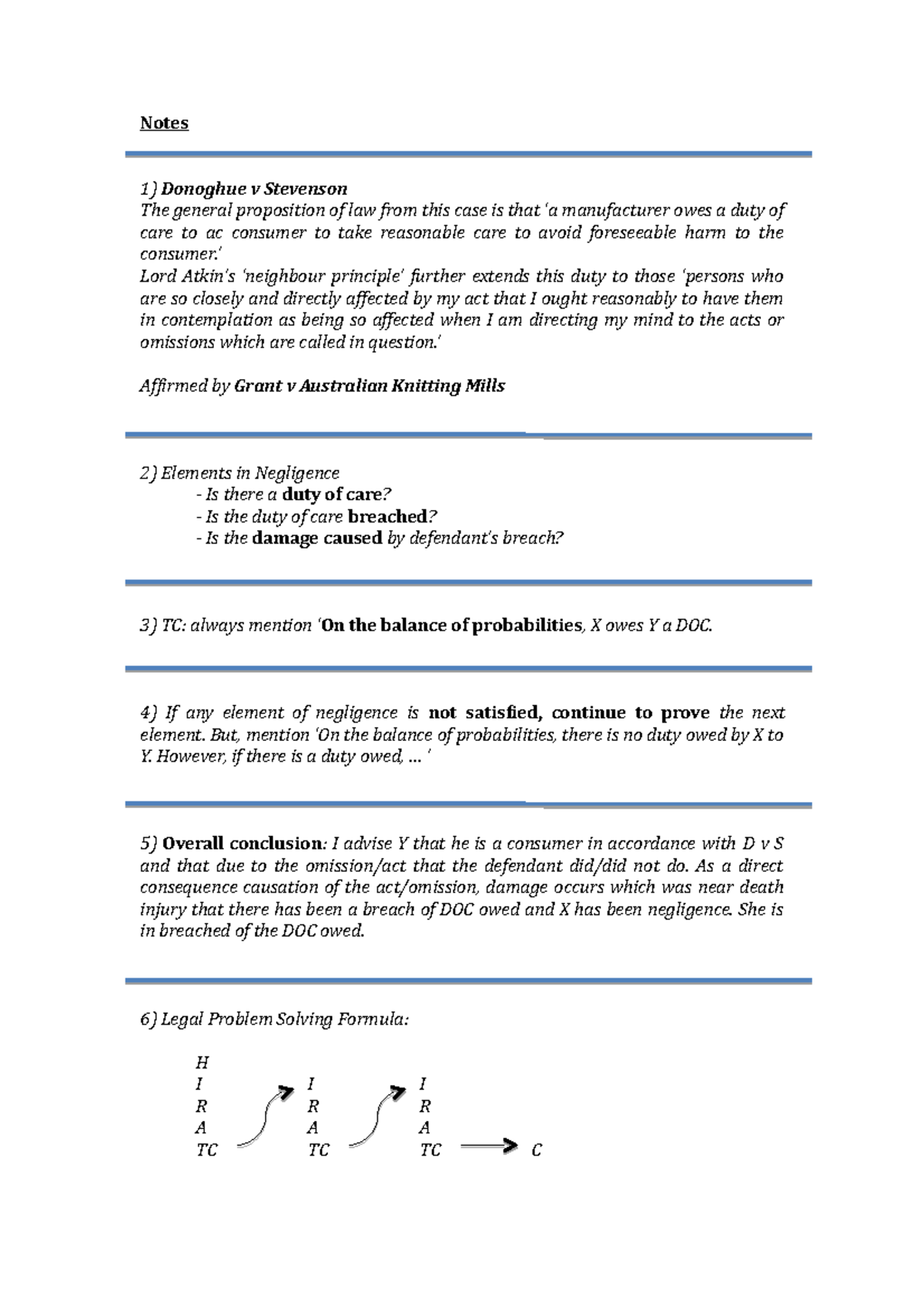Law exam note - Brief summary for exam - Notes Donoghue v Stevenson The ...