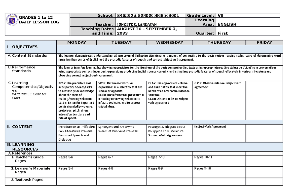 Week 1 - Lesson 1 in English 7 - GRADES 1 to 12 DAILY LESSON LOG School ...