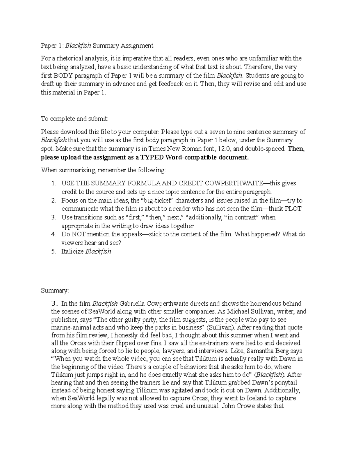 Blackfish Summary Assignment SP 2022 - Paper 1: Blackfish Summary ...