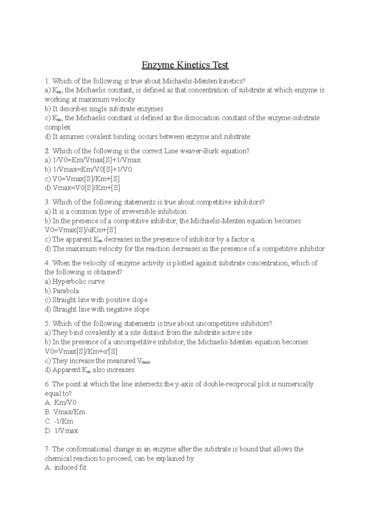 Enzymes and MCQs BIOL182 HM Studocu