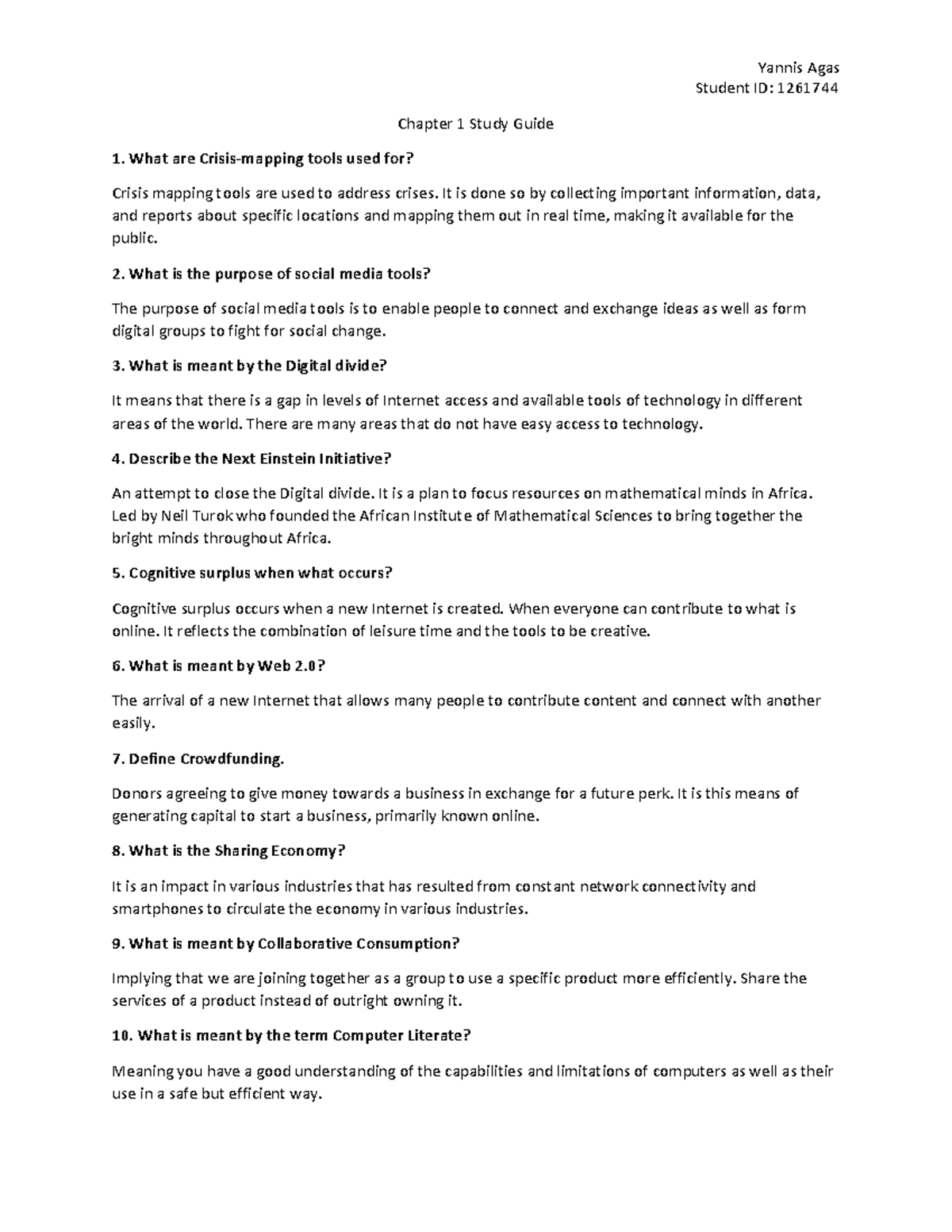 Chapter 1 Study Guide - good - Yannis Agas Student ID: 1261744 Chapter ...