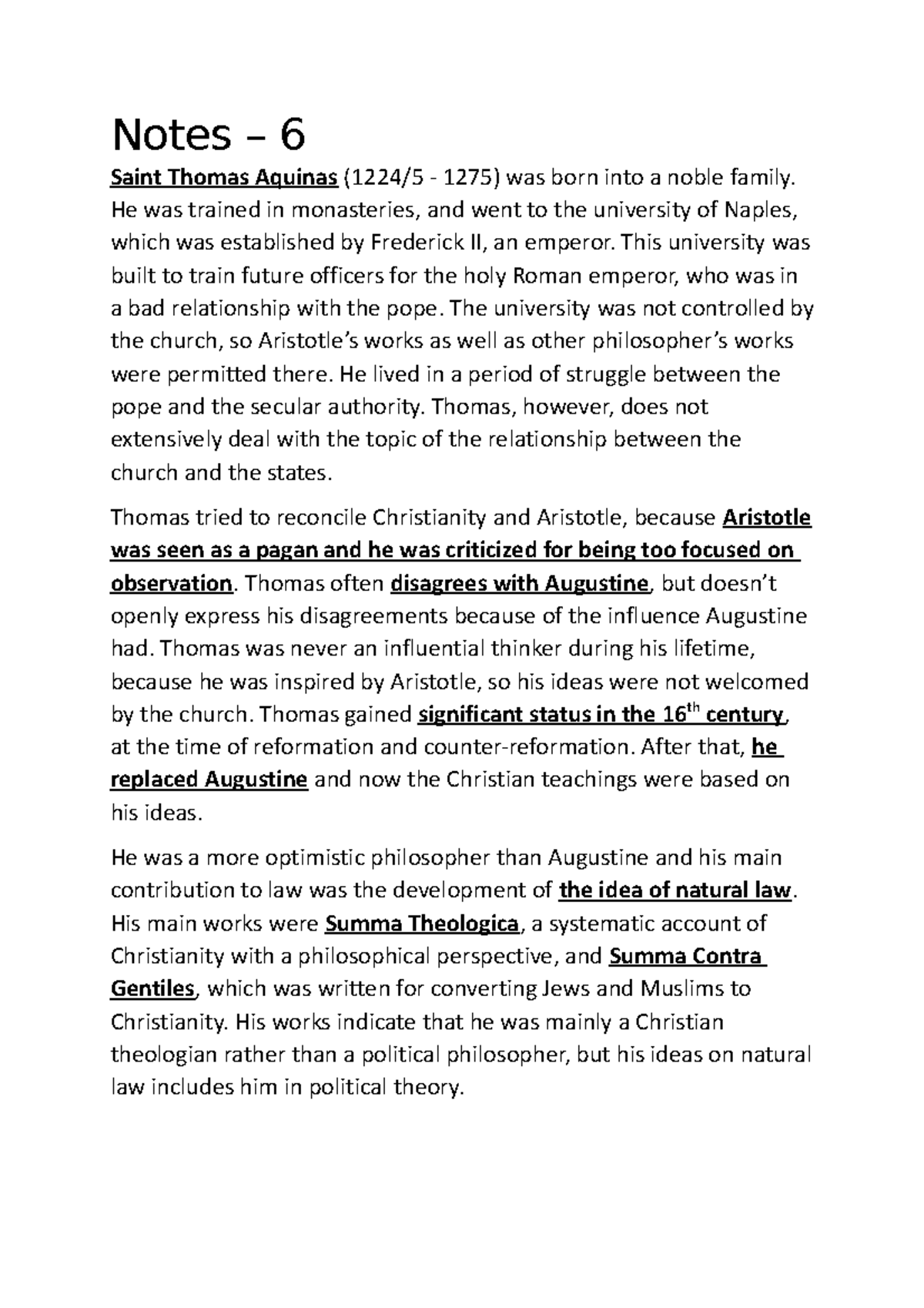 Notes - 6 - Notes – 6 Saint Thomas Aquinas (1224/5 - 1275) was born ...