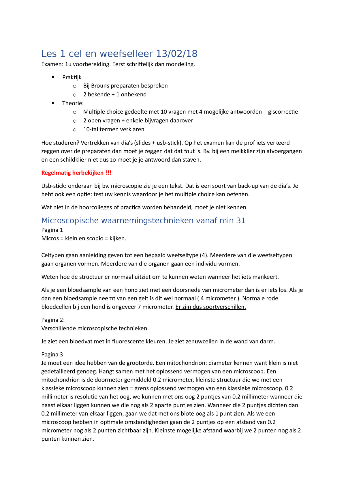 Les 1 13 Feb Microscopie - Les 1 Cel En Weefselleer 13/02/ Examen: 1u ...