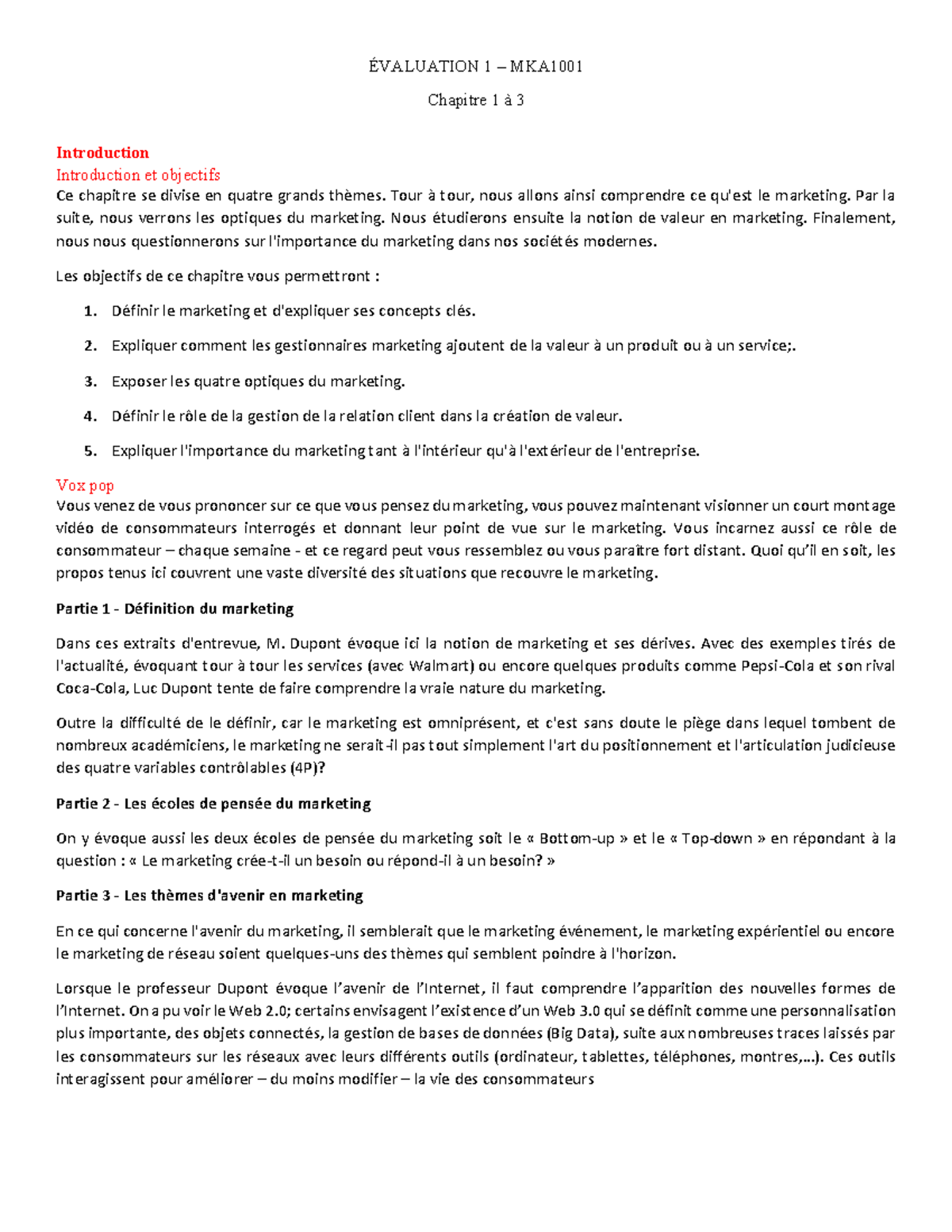 notes de cours évaluation 1 - ÉVALUATION 1 – MKA Chapitre 1 à 3 ...