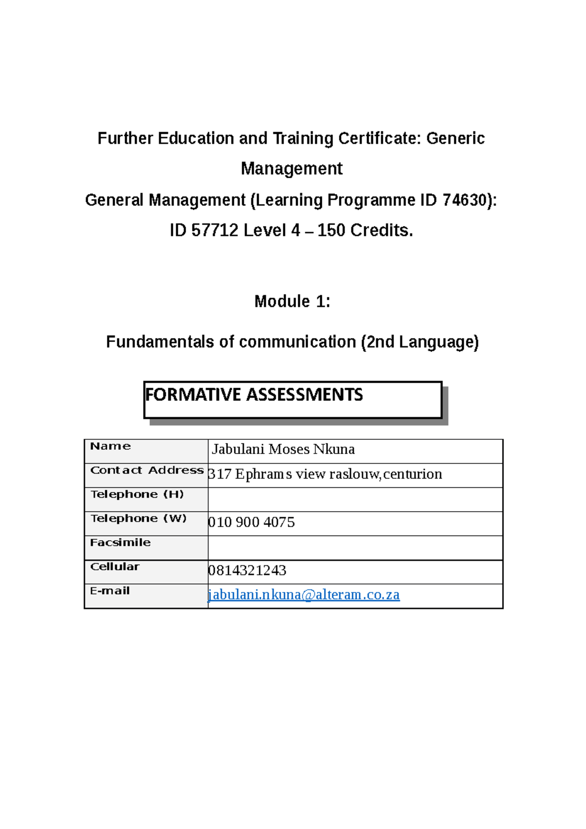 Module 1 - Formative Assessments Instrument JM KUNA - Further Education ...