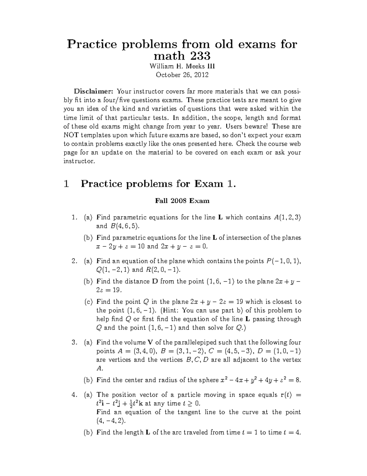 Calc 3 Exam 1 Review Practice Problems From Old Exams For Math 233