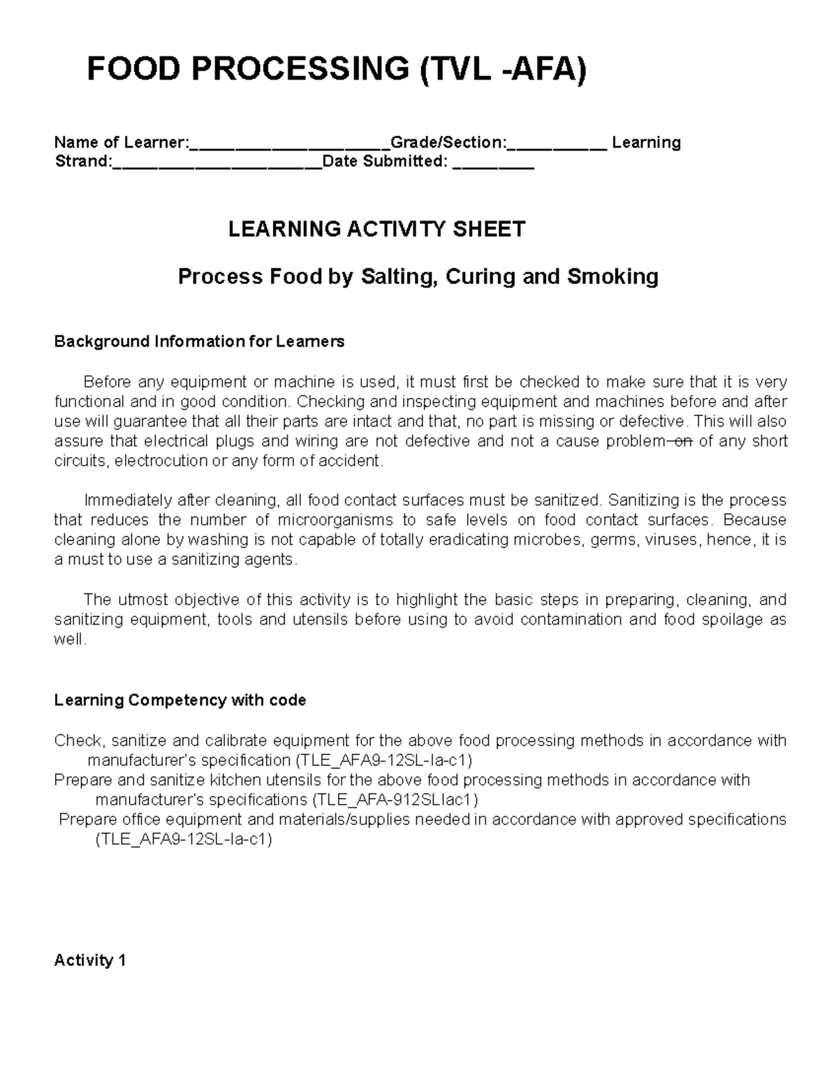 FOOD Processing grade 9a FOOD PROCESSING (TVL AFA) Name of Learner