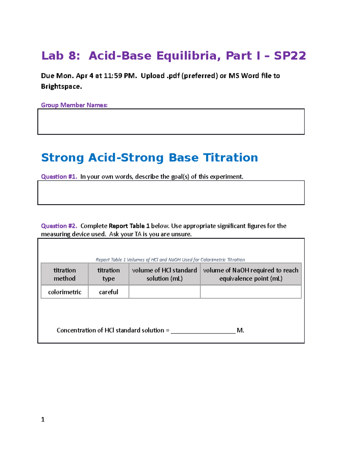 acid base equill Lab 8 AcidBase Equilibria, Part I SP Due Mon