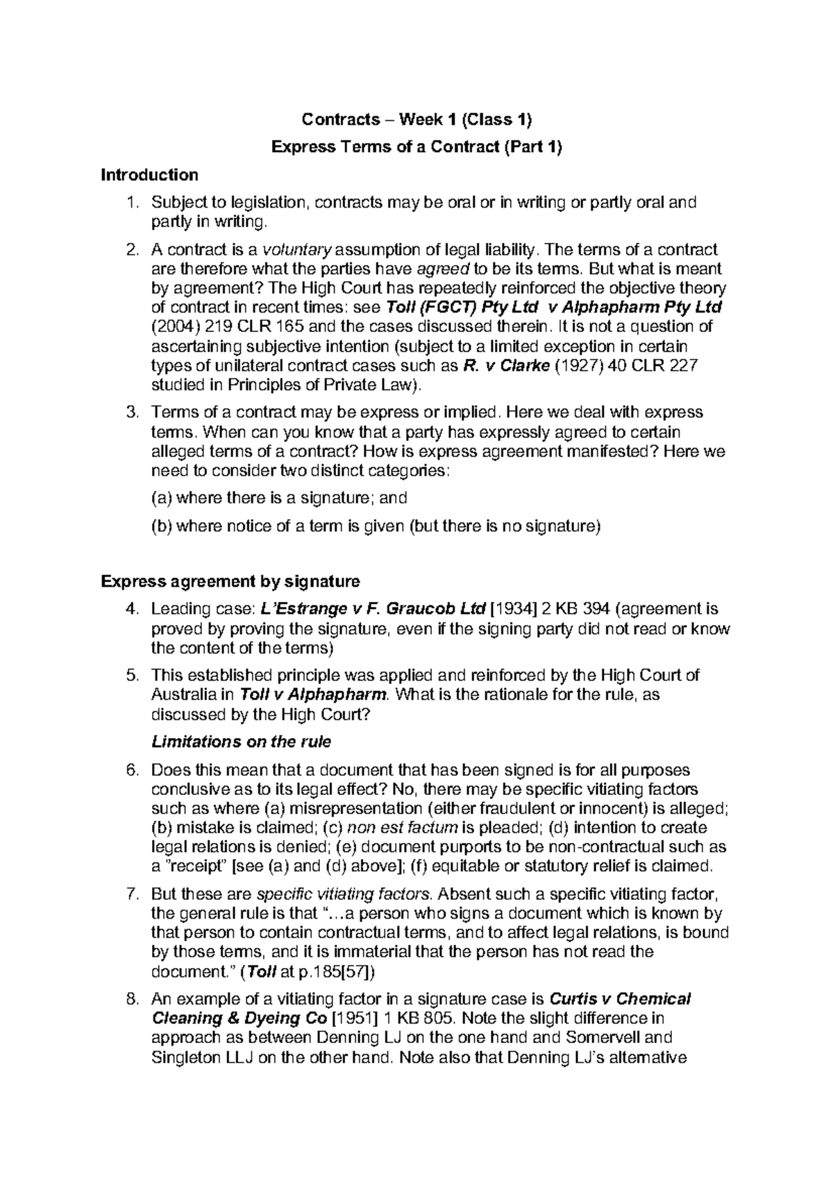 Contracts Content Summary Contracts 3 Week 1 Class 1 Express Terms 