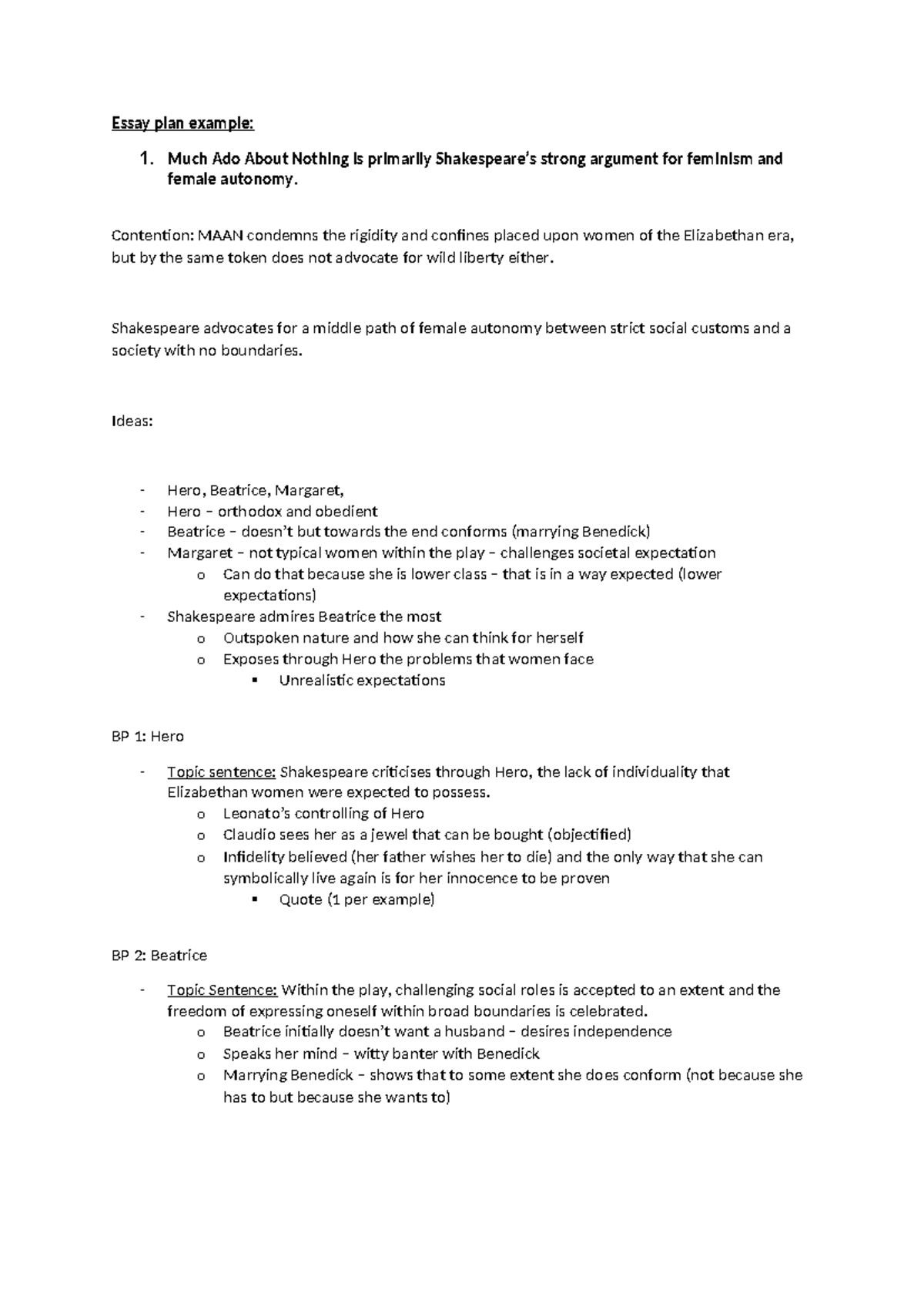 Essay plan example - Much Ado About Nothing is primarily Shakespeare’s ...