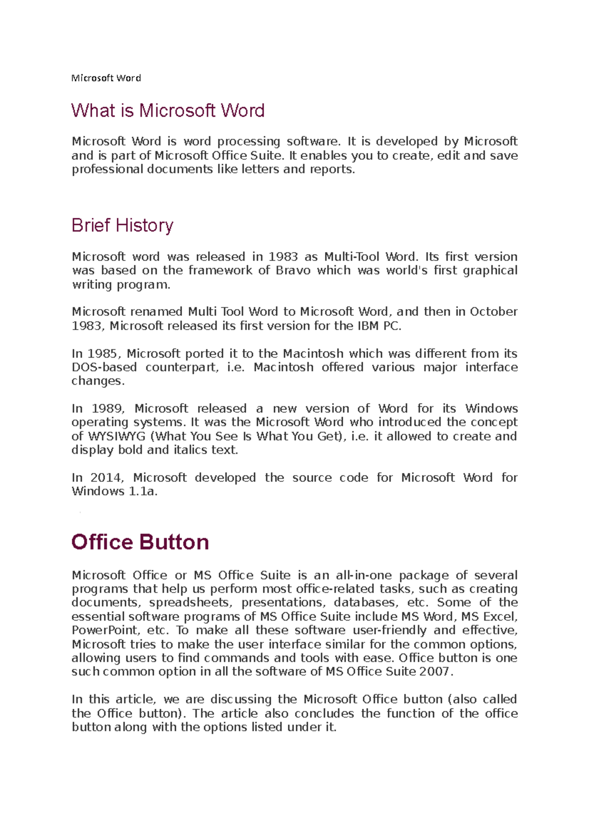 UNIT II Chapter I Microsoft Word Microsoft Word What Is Microsoft