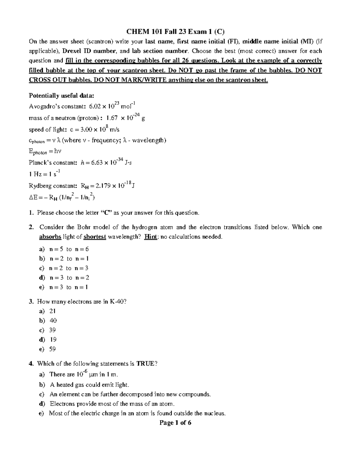 Exam 1 - good - CHEM 101 Fall 23 Exam 1 (C) On the answer sheet ...