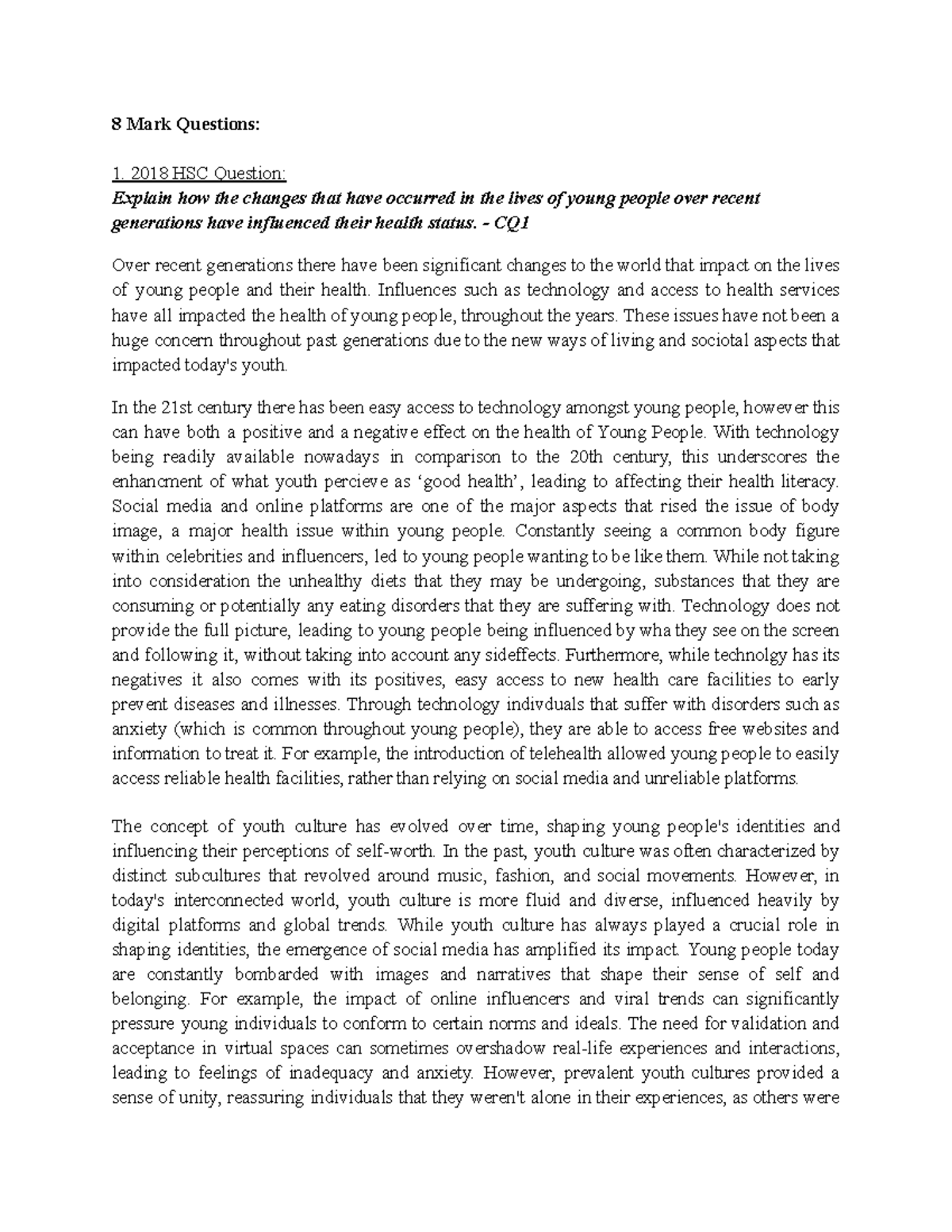 Pdhpe Task 3 Summative Assessment 8 8 Mark Questions 2018 HSC