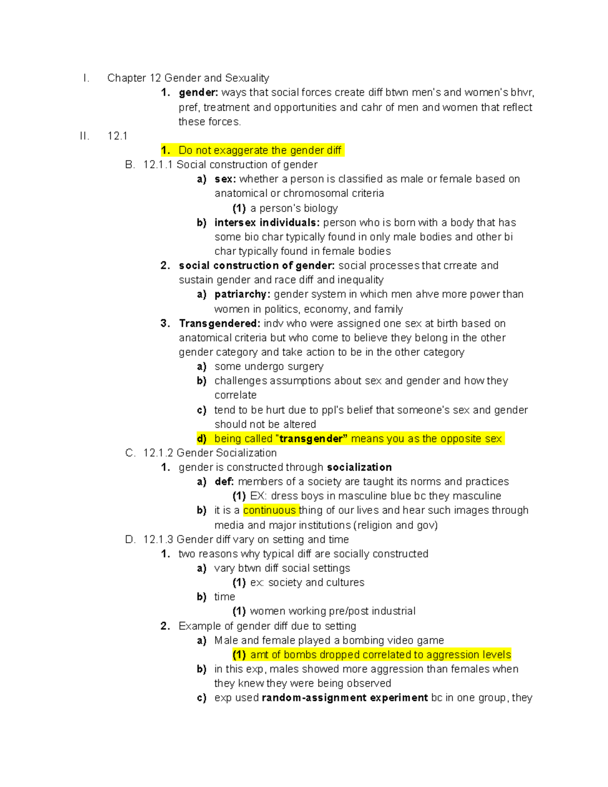 Ch 12 - Lecture notes 12 - I. Chapter 12 Gender and Sexuality 1. gender ...