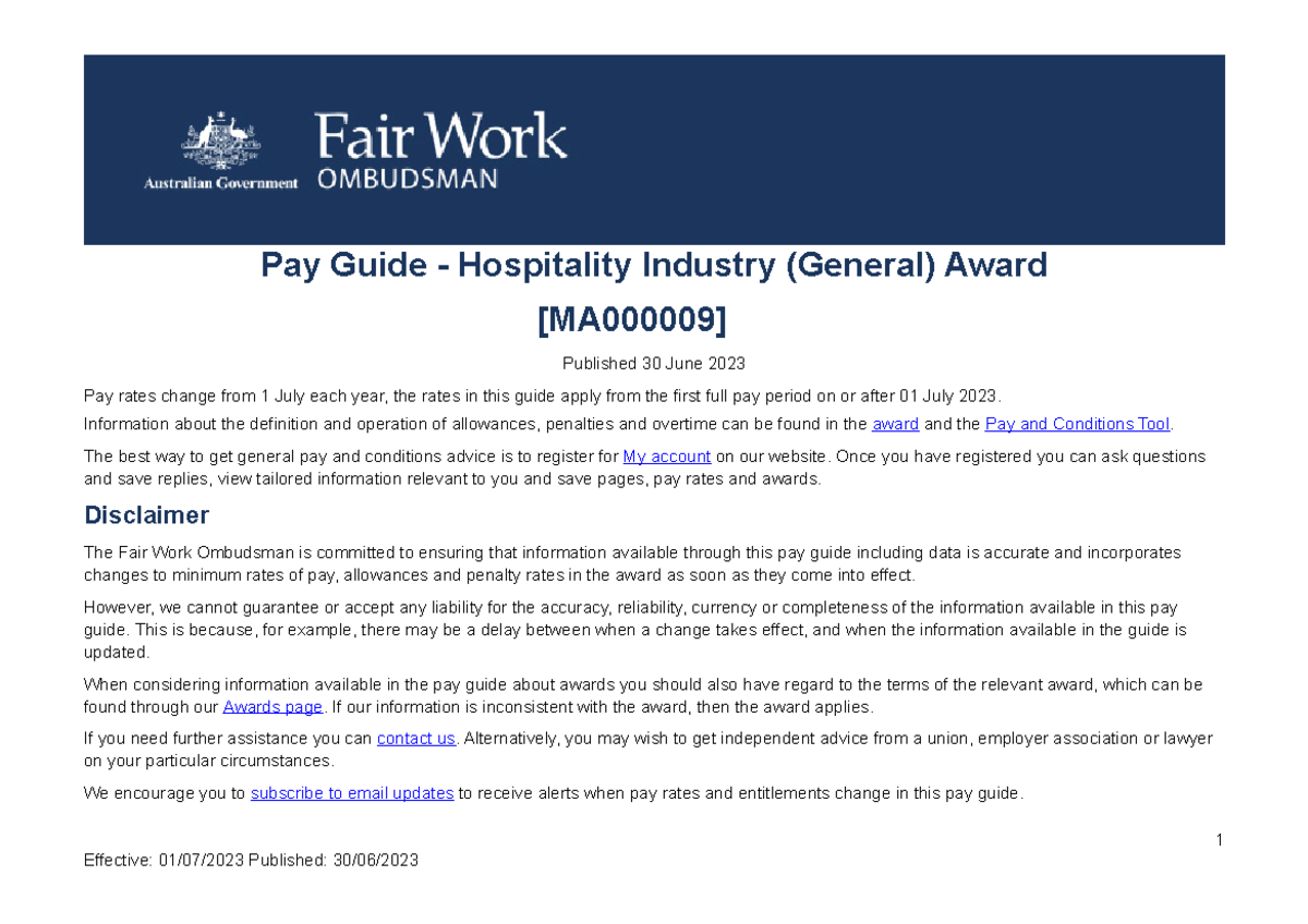 Hospitality industry general award ma000009 pay guide Pay Guide Hospitality Industry