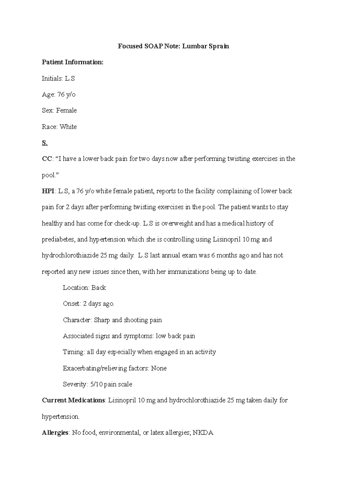 Focused SOAP Not1 - Soap note description - Focused SOAP Note: Lumbar ...