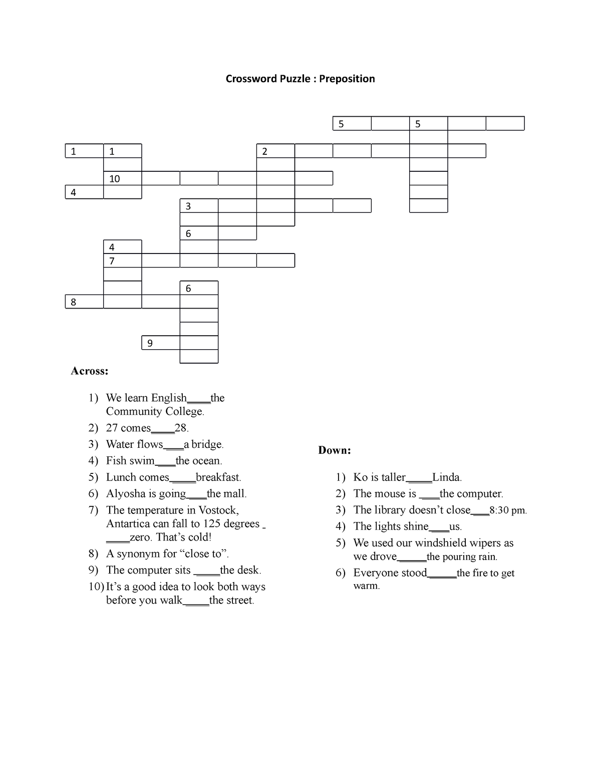 Crossword Puzzle Preposistion Crossword Puzzle : Preposition 5 5 1 1